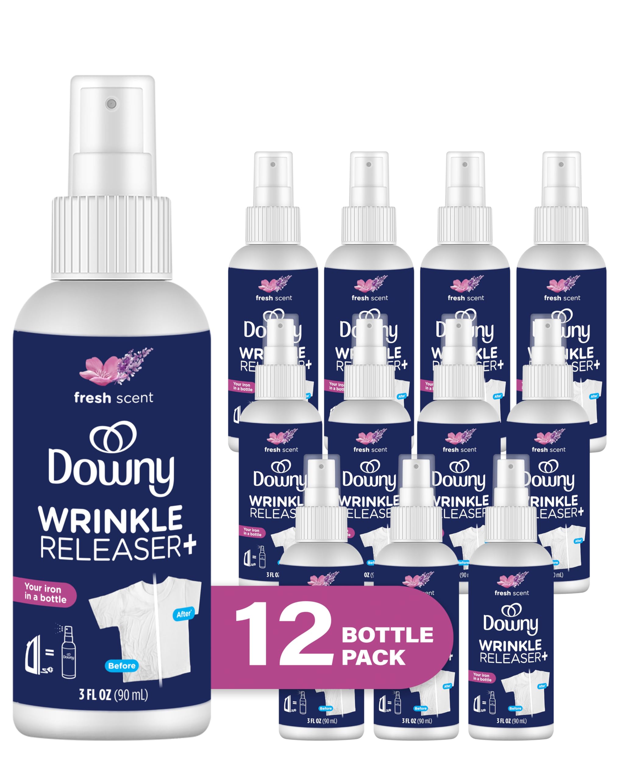 Downy Wrinkle Release Spray Travel Size, All In One Formula, Removes Wrinkles, Static and Odor Eliminator, Light Fresh Scent, 3 Fl Oz, Pack of 12