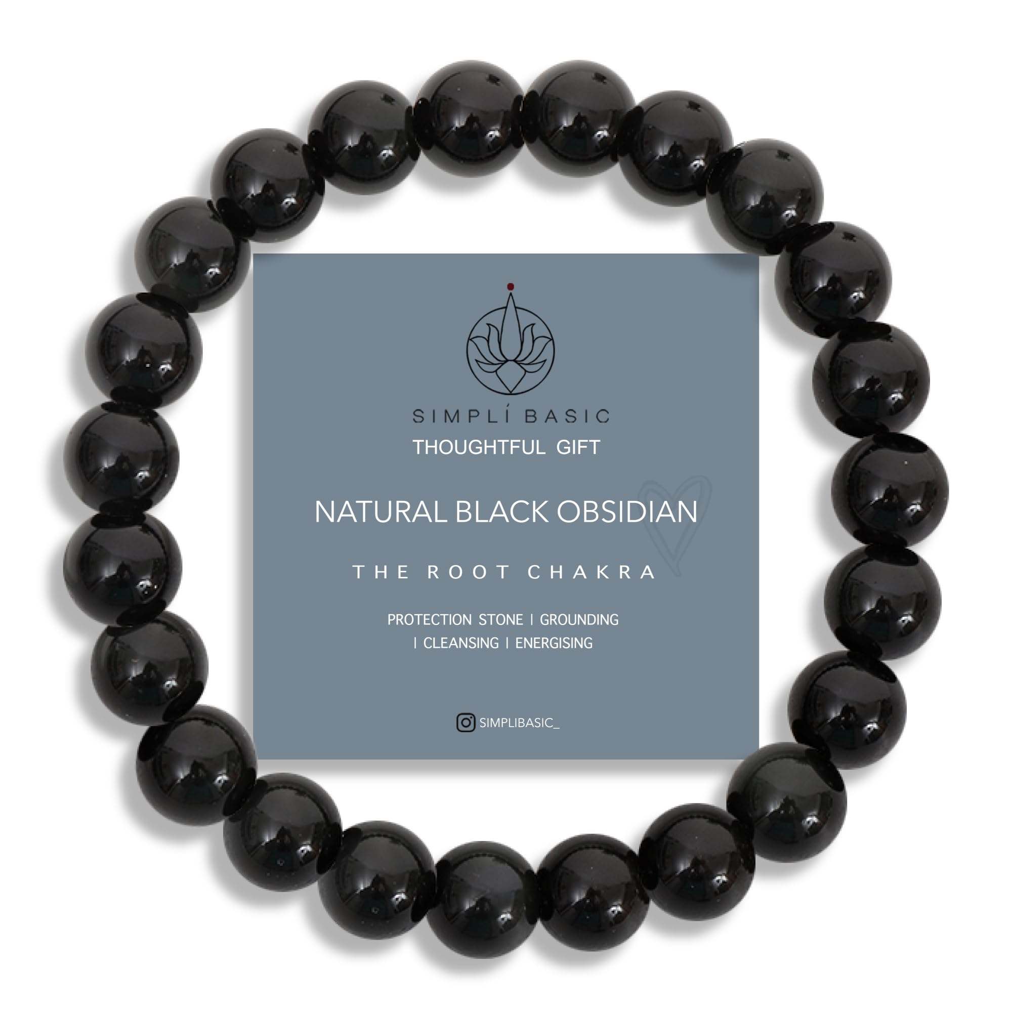 SIMPLÍ BASIC Natural Black Obsidian Healing Gemstone Crystal Bracelet 8mm Bead | Protection, Grounding & Energising |Stress Relief & Cleansing | Beaded Bracelet| Mum Girlfriend Gifts for Him & Her