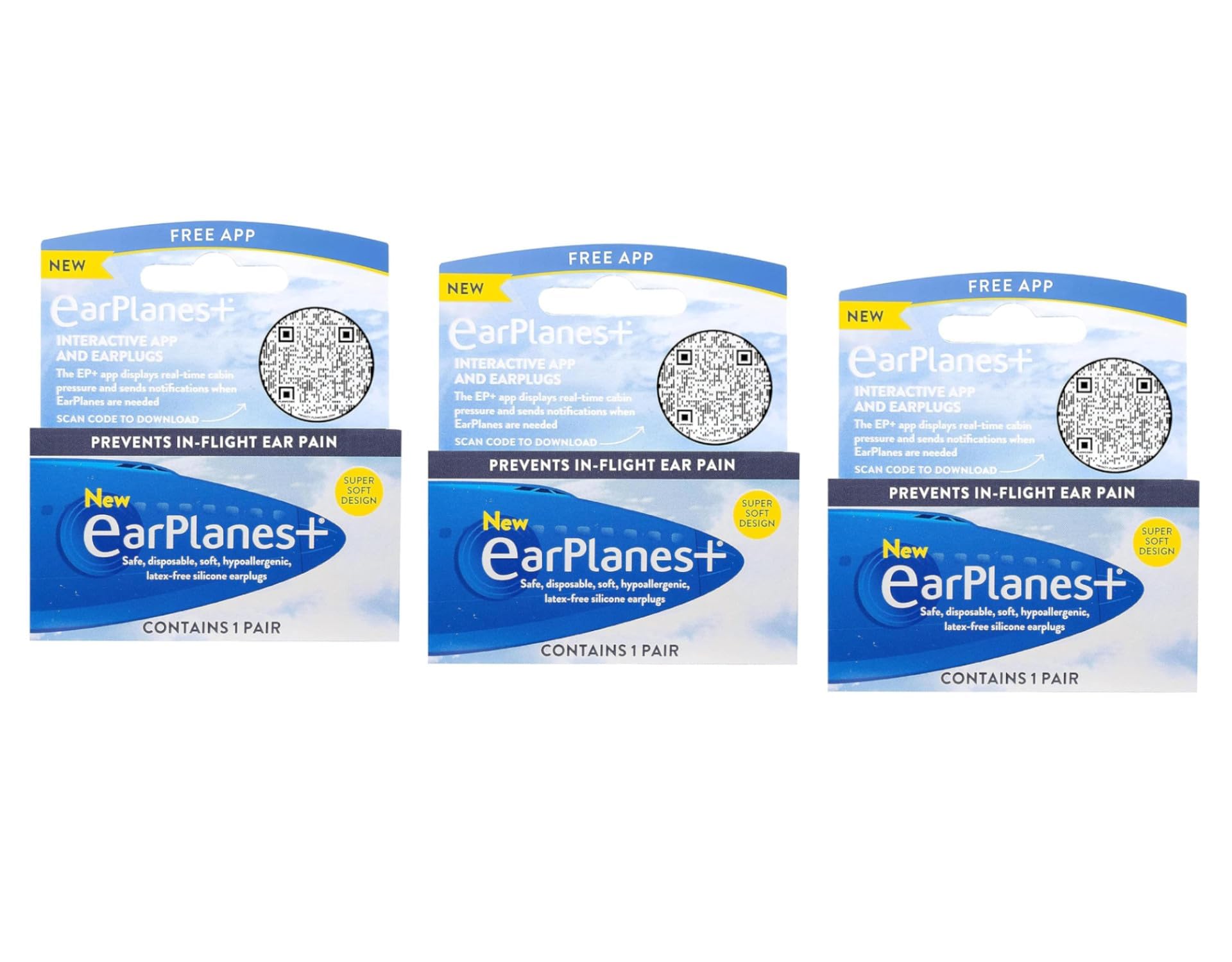 EarPlanes Original Earplugs for Adults, Pressure Filtering Protection for Airplane Travel (3 Pairs)