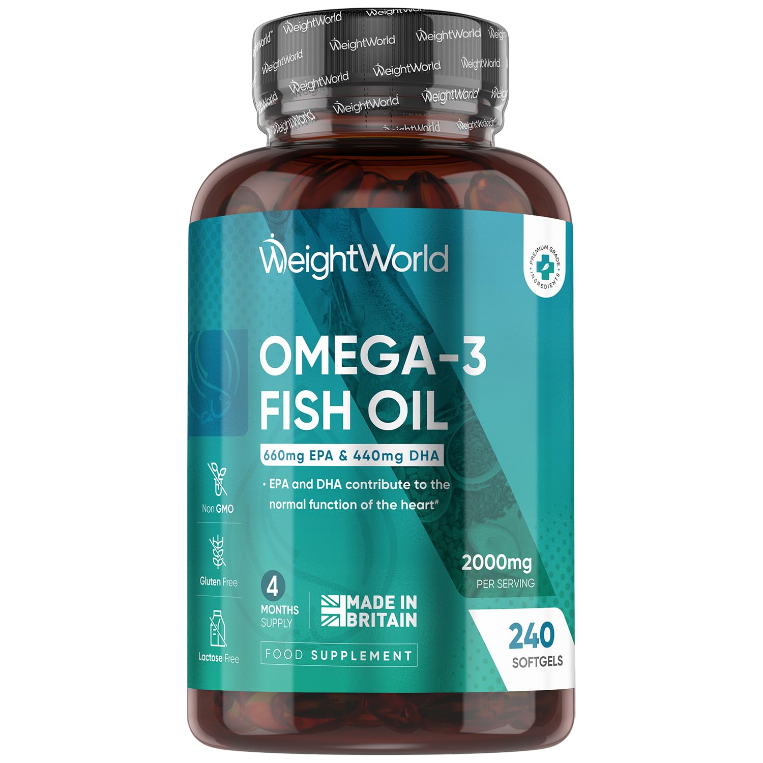 Omega 3 Fish Oil 2000mg - 240 Softgels (4 Months Supply) - 660mg EPA & 440mg DHA - Omega 3 Fatty Acids Supplements - Fish Oil Capsules - Made in The UK - Gluten-Free & Lactose-Free Capsules