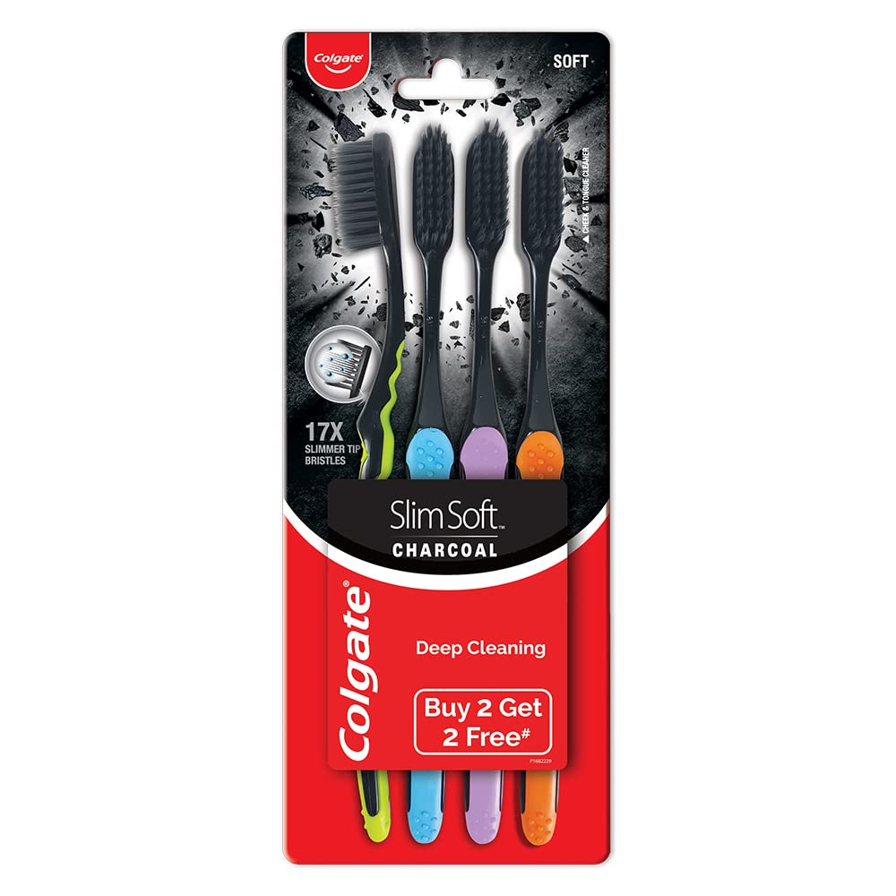 Colgate Slimsoft Charcoal Manual Toothbrush For Adult (Buy 2, Get 2 Free) - 4 Pcs, 17X Slimmer Tip Bristles, Tooth Brush Combo Pack