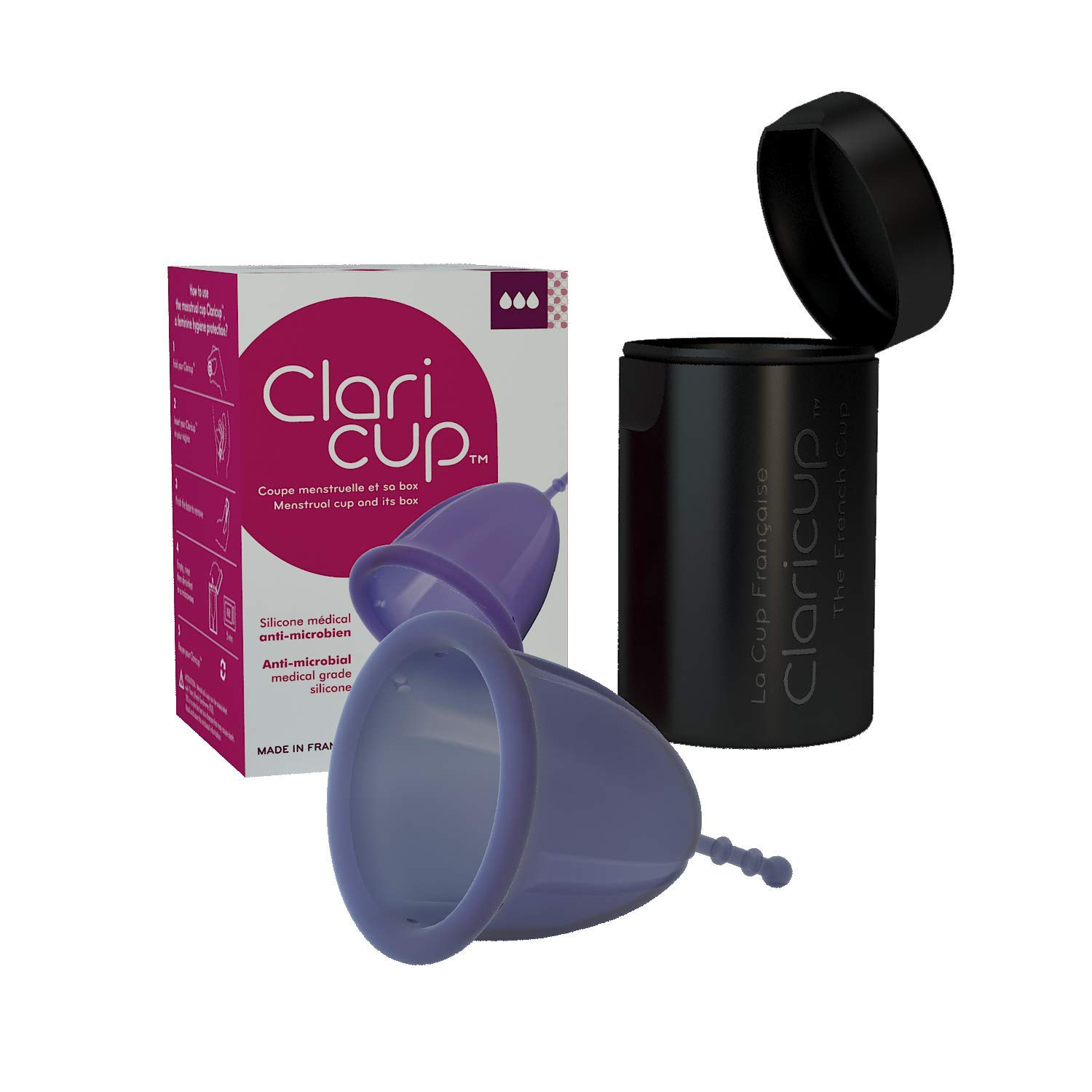 Claripharm - Menstrual Cup Claricup - Antibacterial Medical Grade Silicone - Comes with Its Carrying & Disinfection Box - The Softness Period Cup - Size 3
