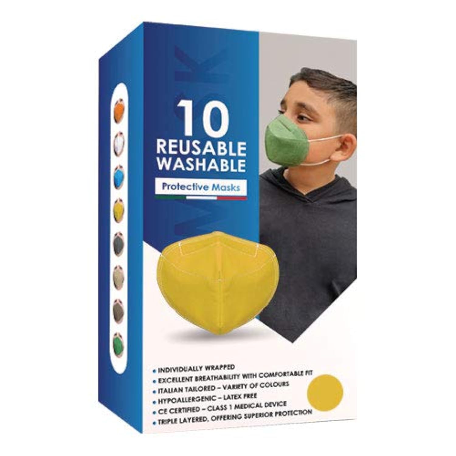 Klass Cosmetics Pieces Children Reusable Washable Comfortable Protective Cloth Face Masks Comes with Squeezable Metal Nose Strip for Breathing and Earloop for Glasses Wearer, Yellow, 10 Count