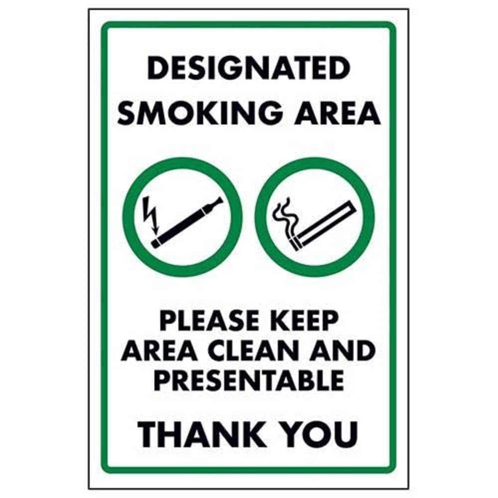 V Safety Designated Smoking Area/Please Keep Area Clean Sign - 150mm x 200mm - Self Adhesive