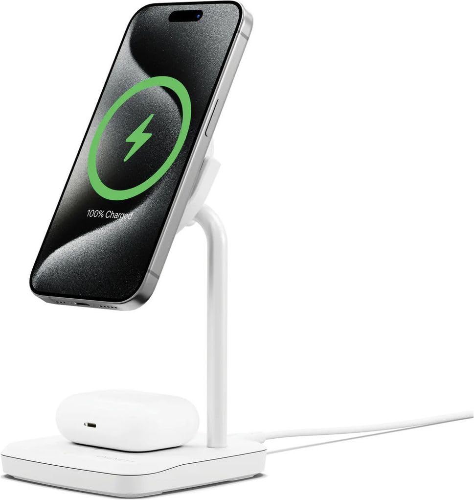 ChargeBase 2-in-1 Magnetic Wireless Charging Stand, White, Qi2 Compatible