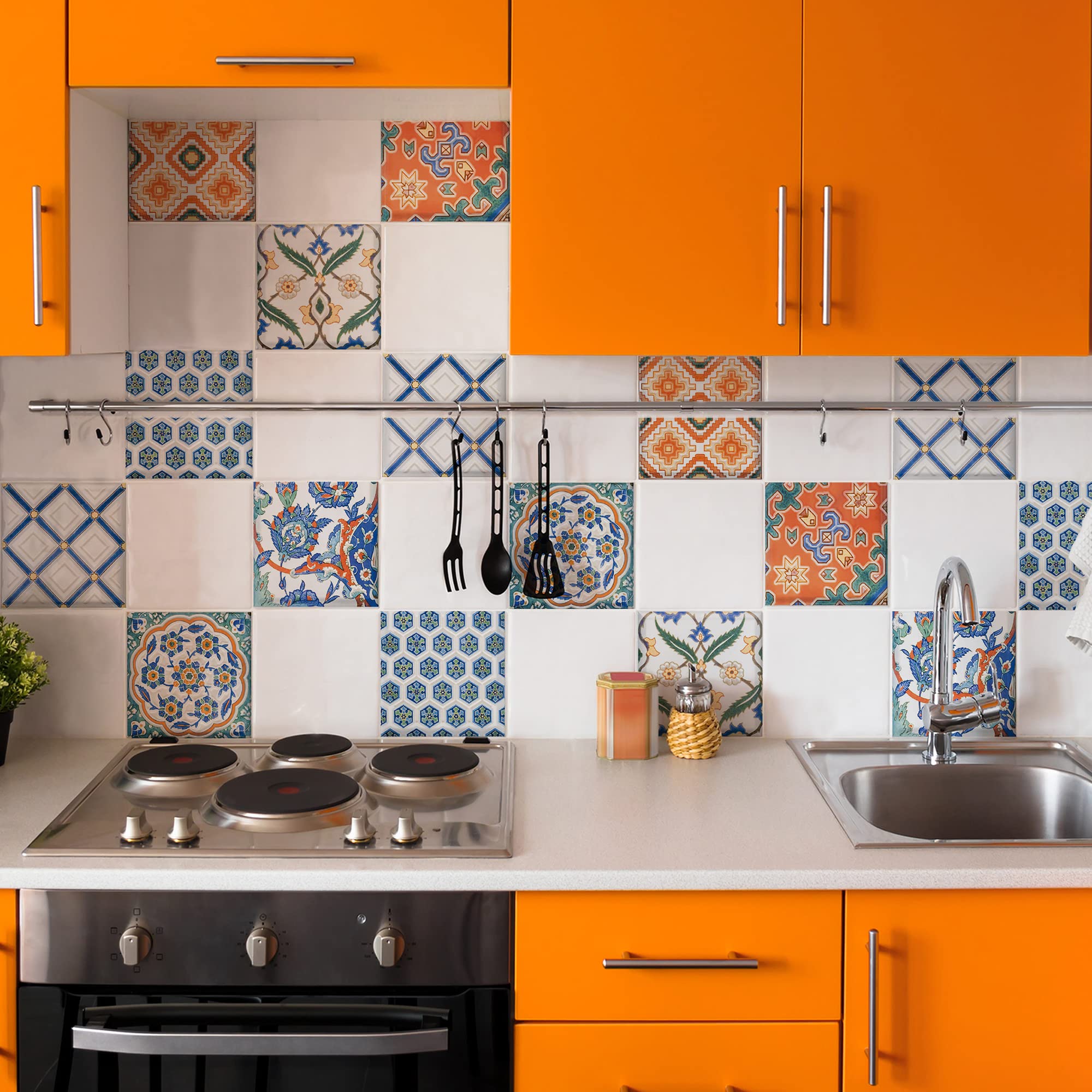 CREARREDA Adhesive Tiles for Kitchen, Bathroom and Shower Enclosure Floral Adhesive Tiles, 20 Pcs 15_x_15 cm, Waterproof Vinyl Self Adhesive Bathroom and Kitchen Decorations, Made in Italy