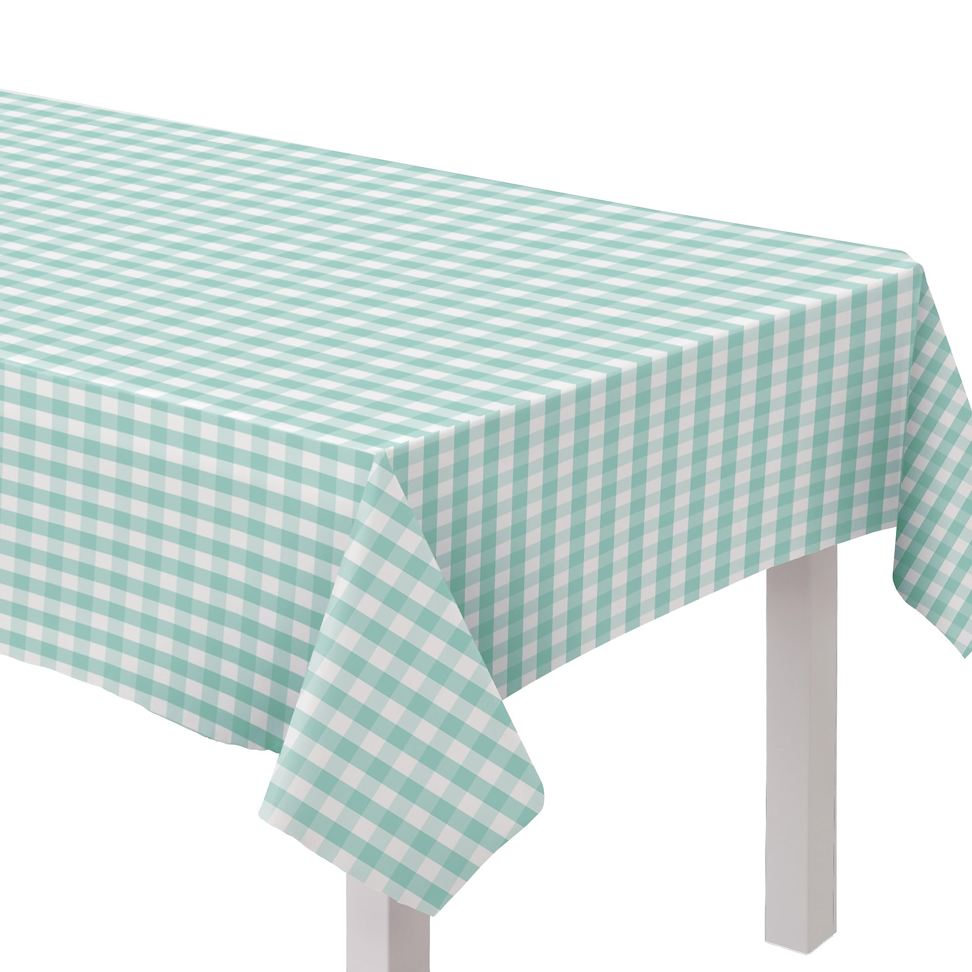 Amscan 570288 Gingham Fabric Table Cover-152cm x 264cm | White 1 Pc, Checkered, Multicolored with Teal Pattern, 104" x 60" (Rectangular)