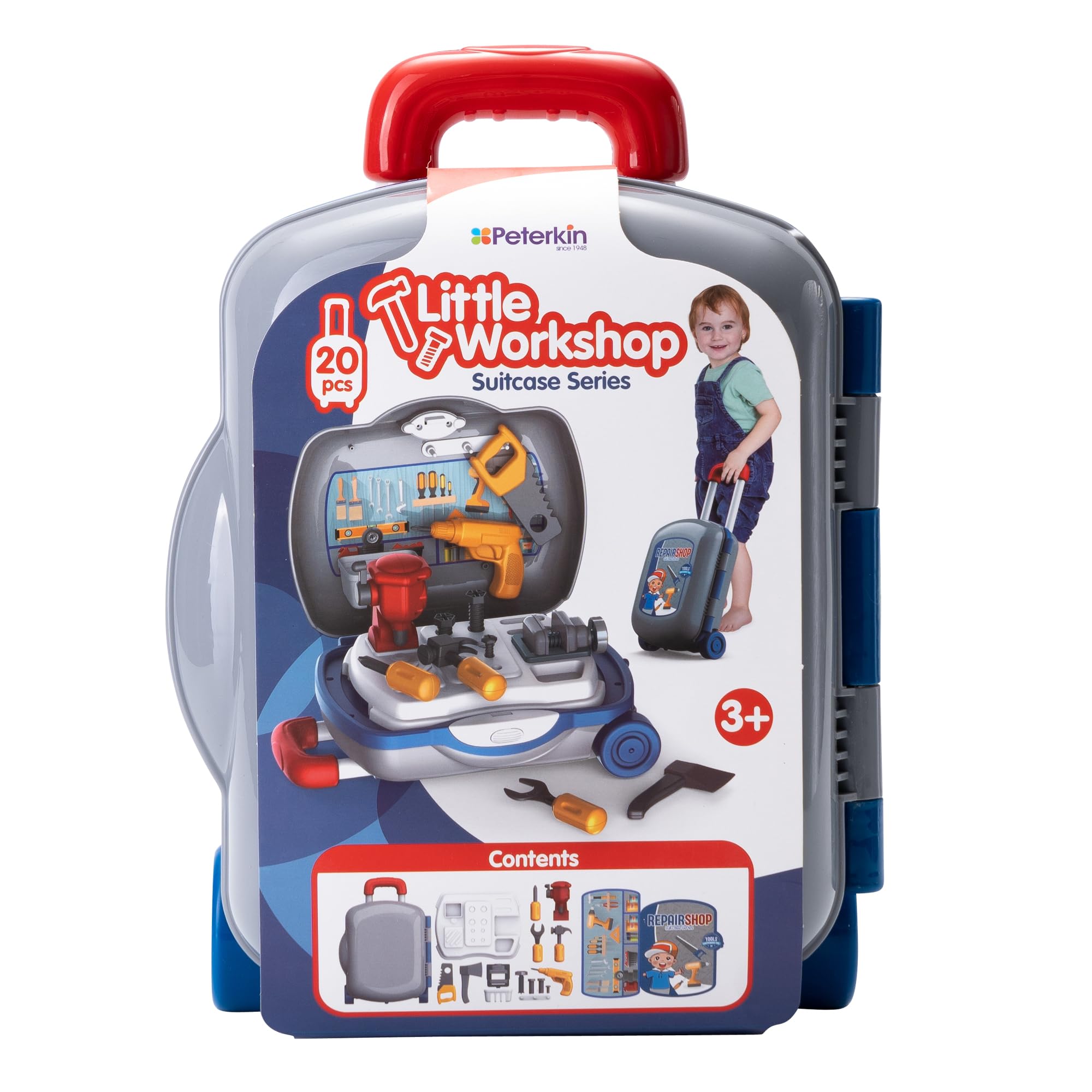 PETERKIN | Little Workshop Wheelie Case Toy | 20 piece, brightly coloured, workshop tool kit in a 34 cm wheelie case with retractable handle | Roleplay Toys | Ages 3+