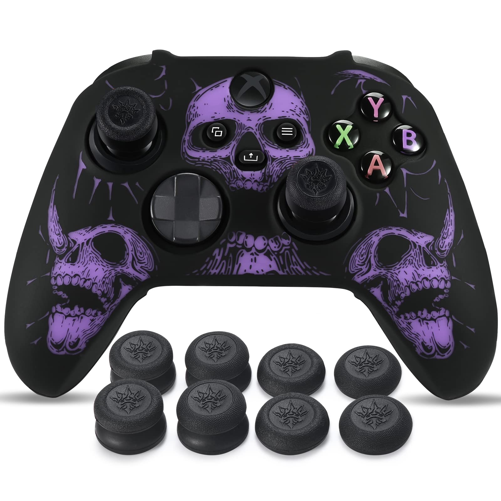 YoRHa Laser Carving Silicone Skin for Xbox Series X/S Controller x 1(Purpe) with Pro Thumb Grips x 8