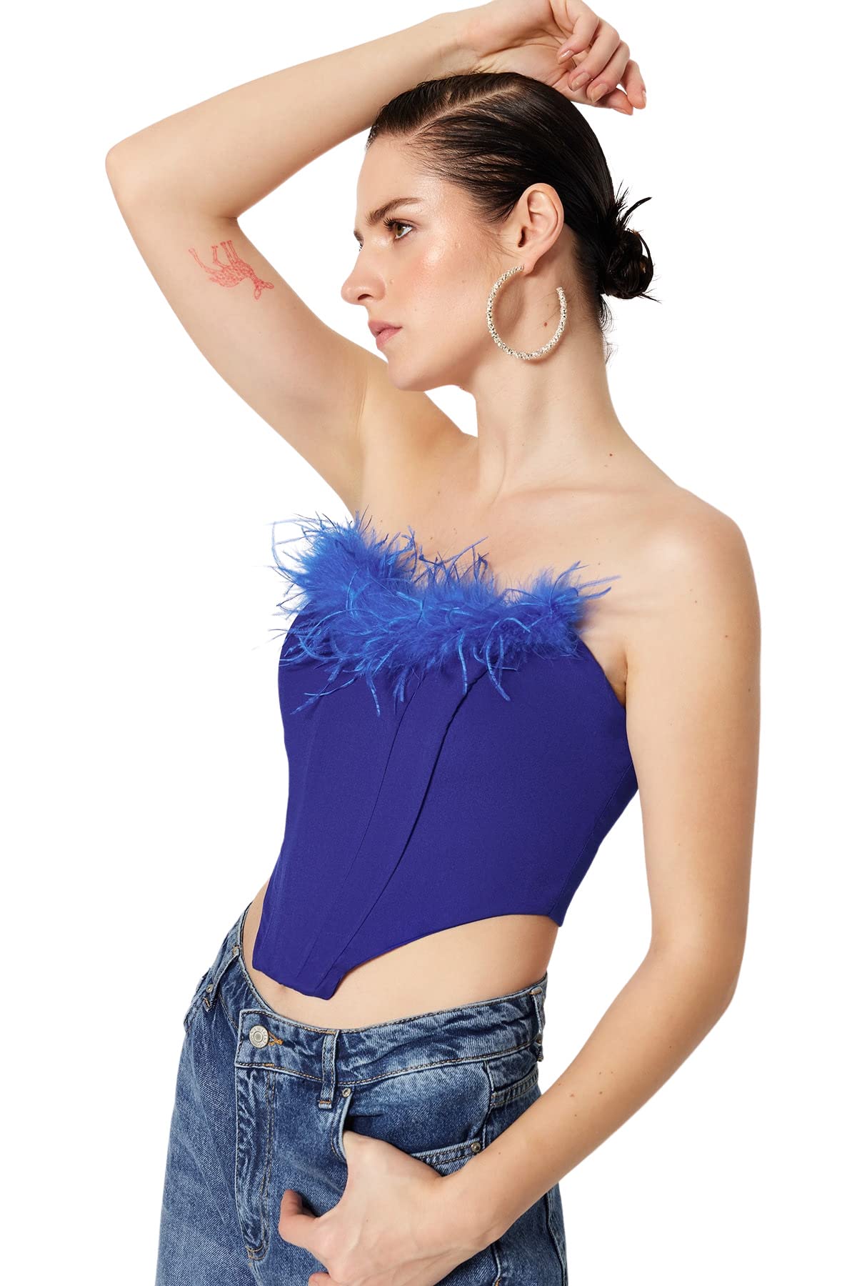 Trendyol Women Fitted Off-Shoulder Strapless Woven Bustier Royal Blue