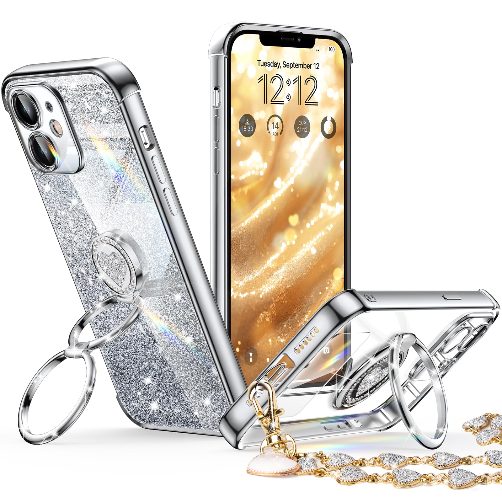 XYZ for iPhone 12 Case with Stand, Phone Case with Double Ring Kickstand, Women Girls Bling Luxury Glitter Clear Phone Case Cover Heart for iPhone 12, Silver