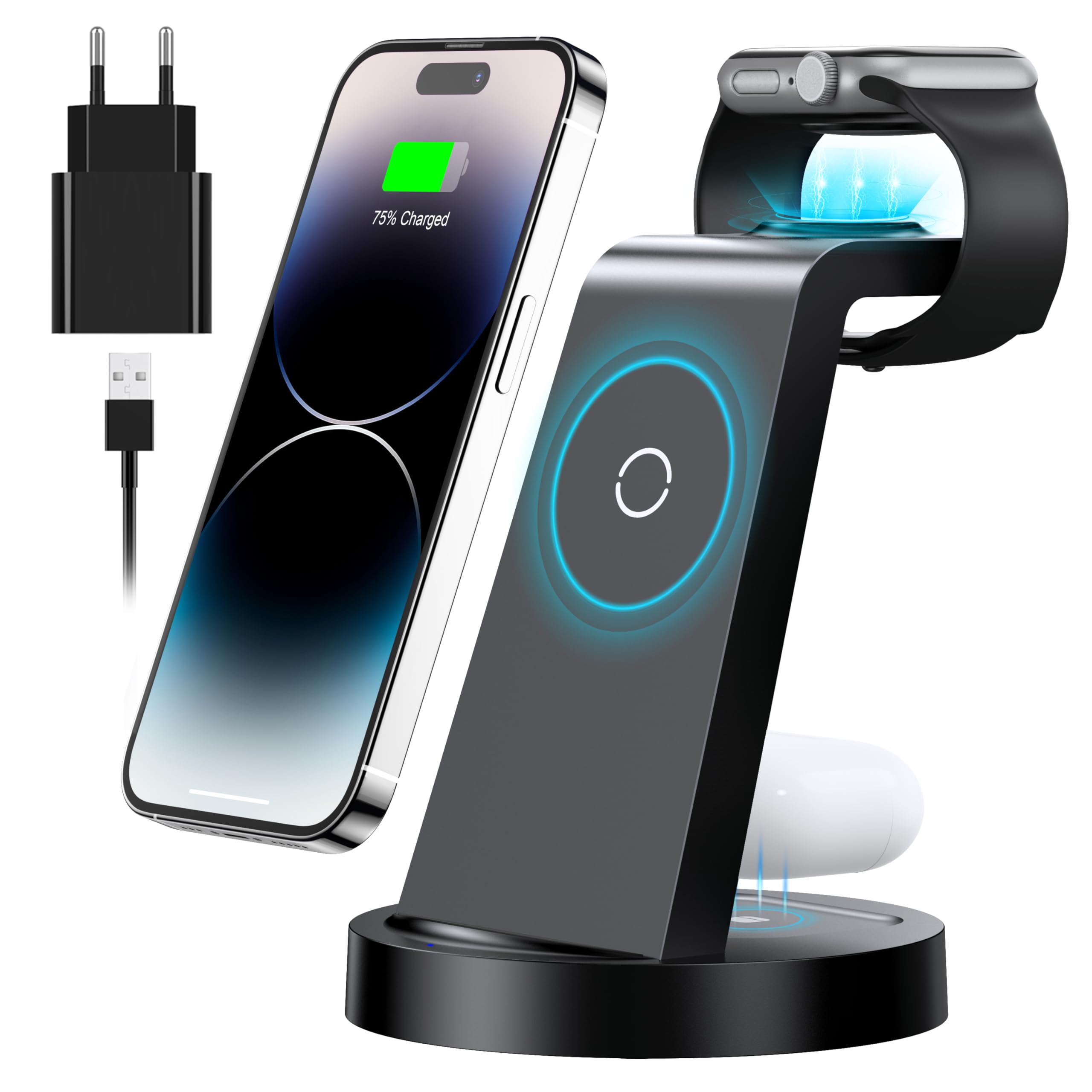 3 in 1 iPhone Charging Station Fast Wireless Charger for Apple - Wireless Charger for iPhone 17 Air 16e 16 15 14 13 12 11 X Pro Max & Apple Watch 11-2 and Air Pods 4 3 2 Pro with 18W Fast Adapter