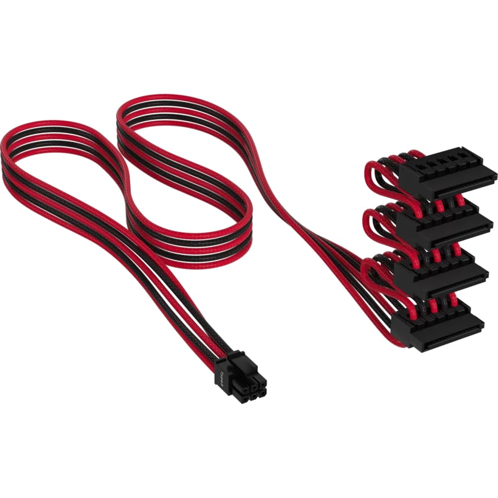 Corsair Premium Individually Sleeved Type-5 SATA (4 Connectors) PSU Cable - Black & Red