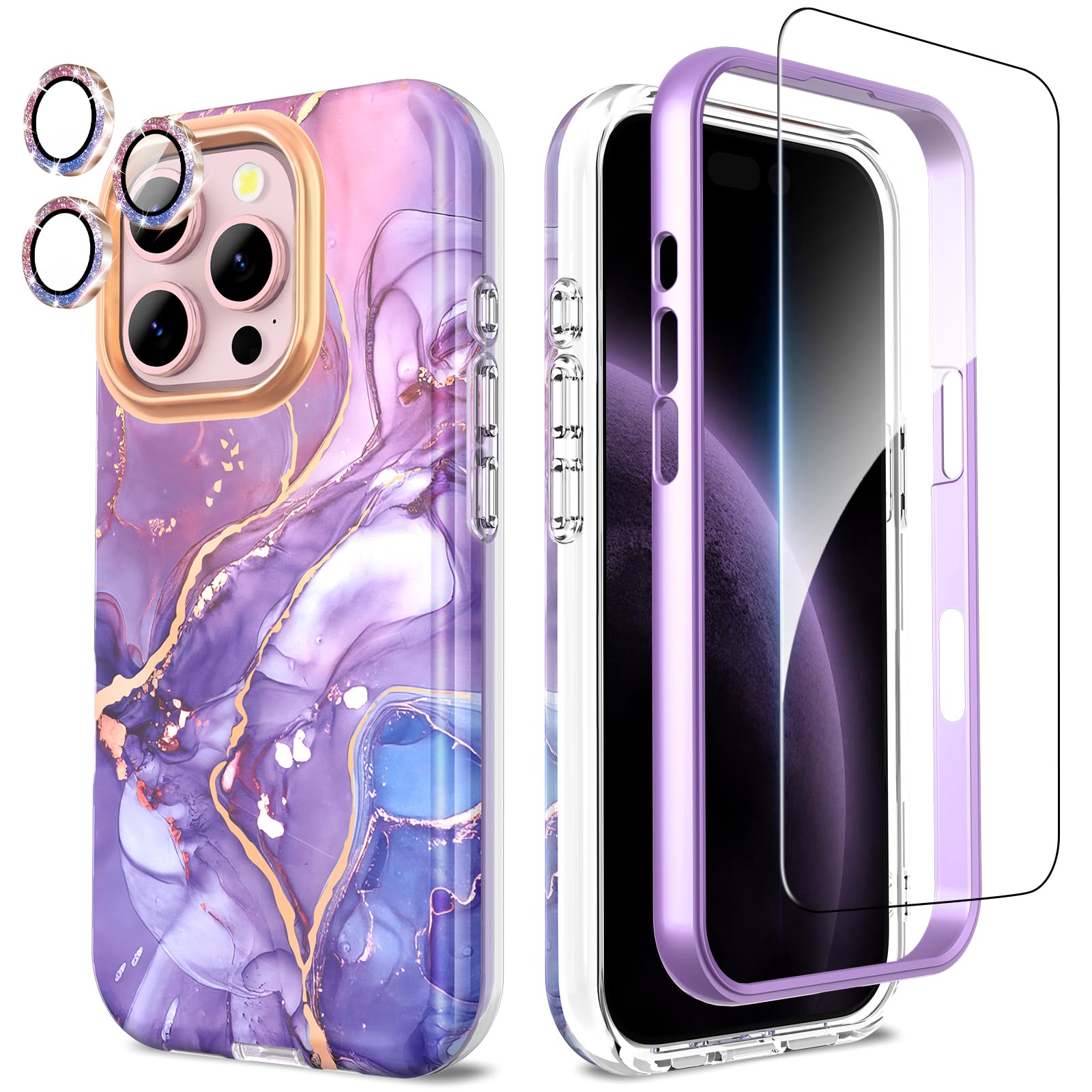 SHEDEER 4-in-1 iPhone 16 Pro Case with Screen Protector + Bumper & Camera Protector | Military-Grade Shockproof 360° Protection, 16 Pro Case Glossy Fade-Resistant Pattern Design (Purple)