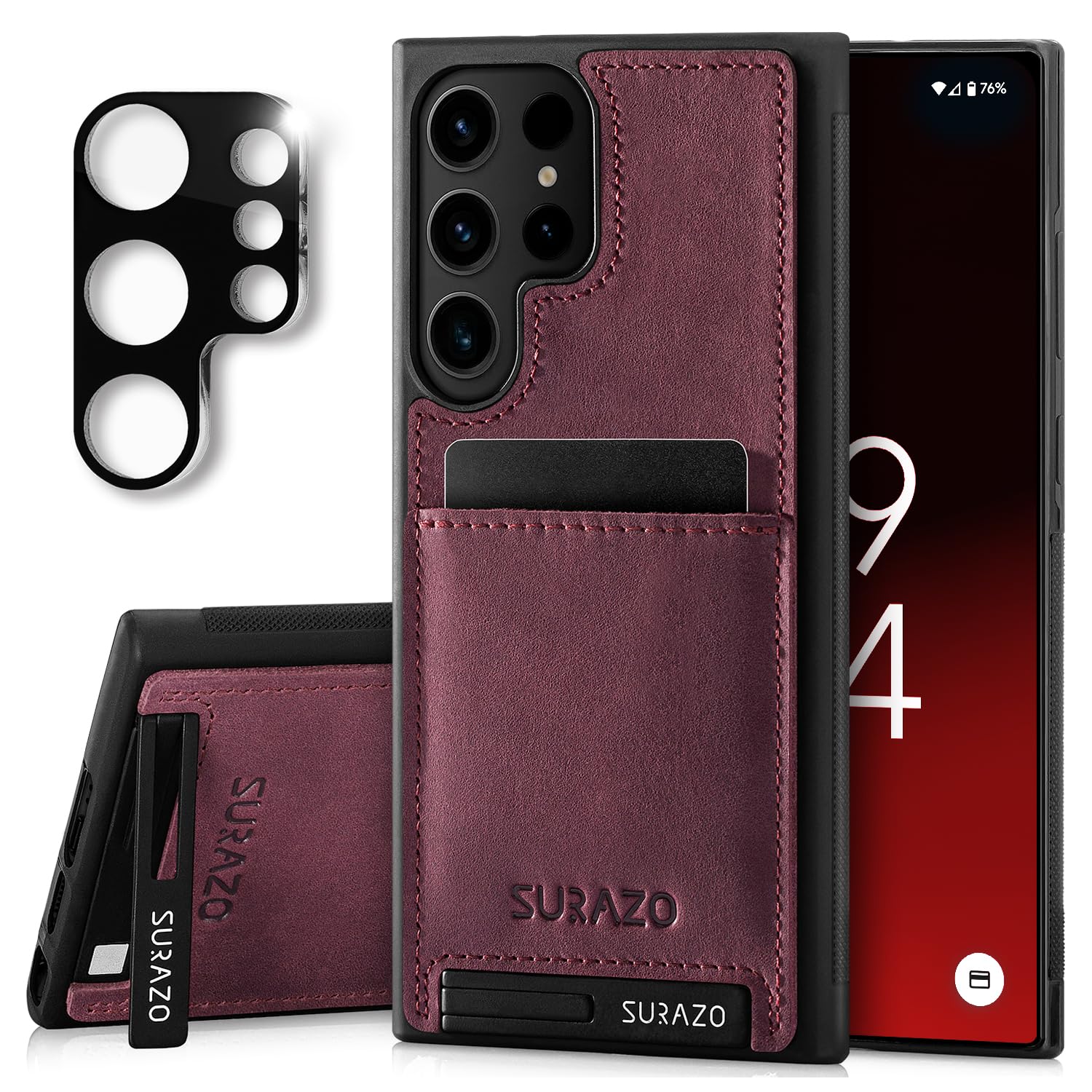 SURAZO Leather Case for Samsung Galaxy S25 Ultra Case with Camera Protection - Genuine Leather Back Mobile Phone Case [Card Slot] [Stand Function] [Key Ring] Shockproof Genuine Leather Protective Case