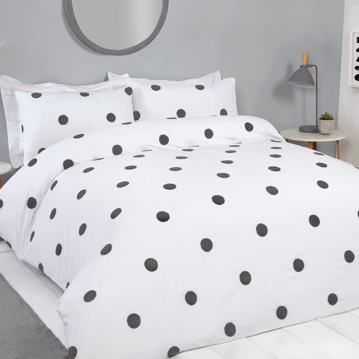 Sleepdown Tufted Polka Dots Circles White Charcoal Soft Cosy Easy Care Luxury Duvet Cover Quilt Bedding Set with Pillowcases - Double (200cm x 200cm)