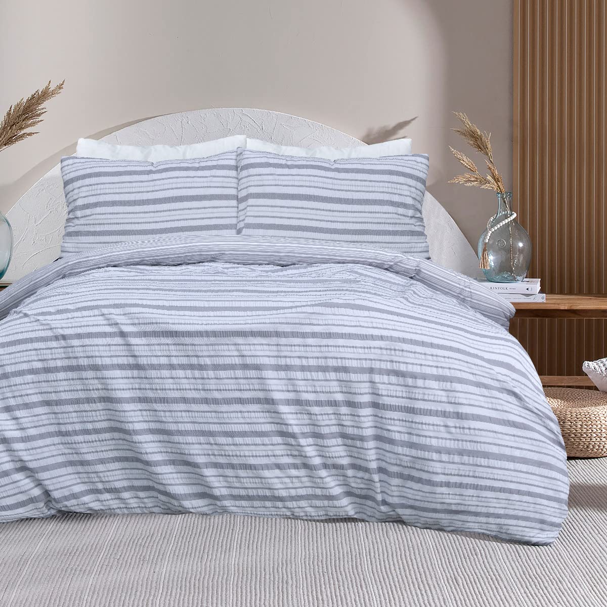 Sleepdown Stripe Seersucker Grey Reversible Duvet Cover Quilt Pillow Cases Bedding Set Soft Easy Care - Super King (220cm x 260cm)