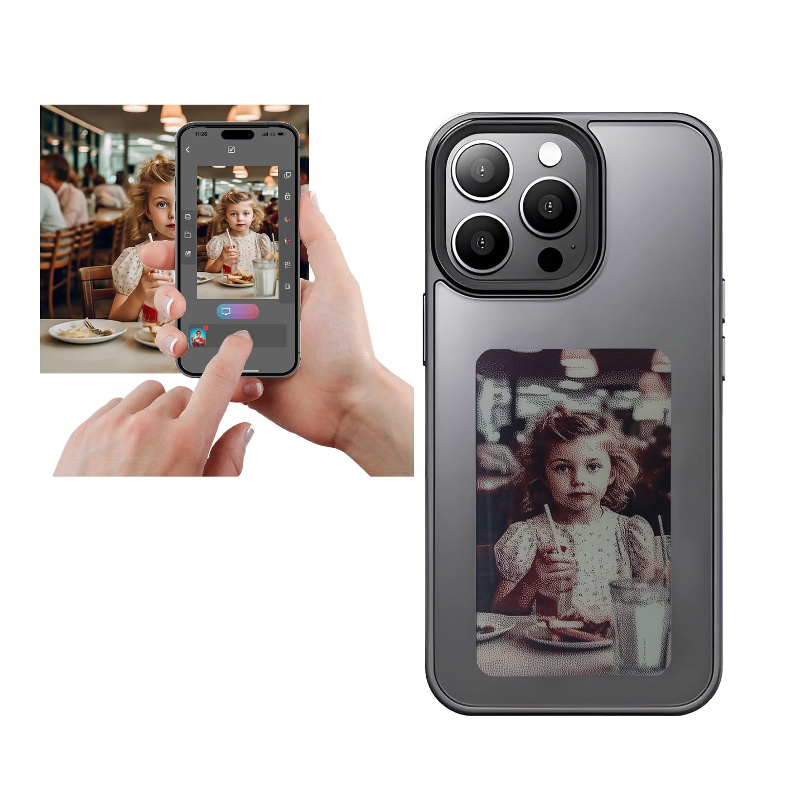 Smart Photo Rear Projection DIY phone Case Customizable E-Ink Phone Case Instantly Display Photos On The Ink Screen Back Cover Personalize Your Phone Anytime Anywhere (Black, For iPhone 14 Pro Max)