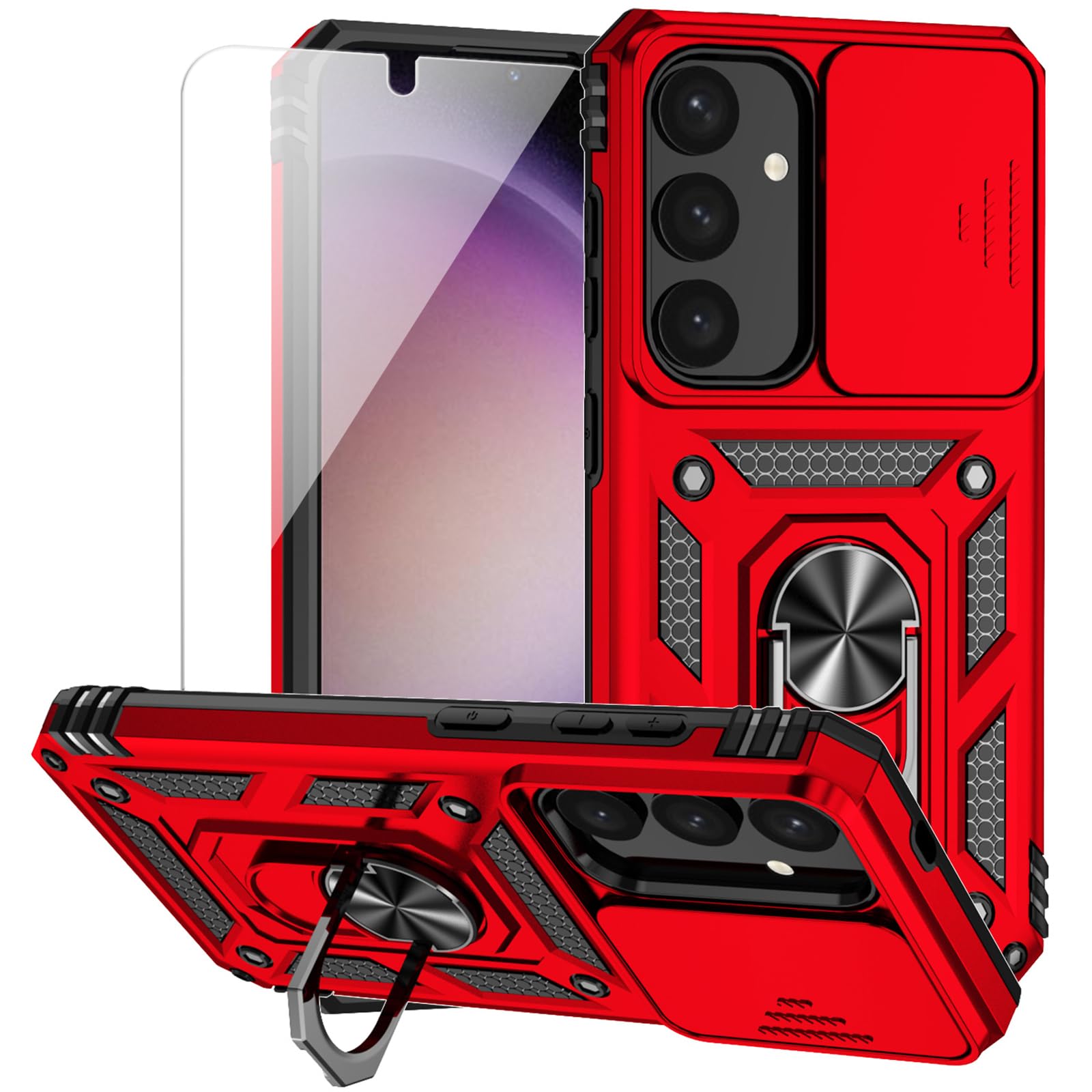 for Samsung Galaxy S24 Case with Camera Lens Cover HD Screen Protector, Dual Layer Military-Grade Drop Tested Magnetic Ring Holder Kickstand Protective Phone Case for Samsung Galaxy S24 (Red)