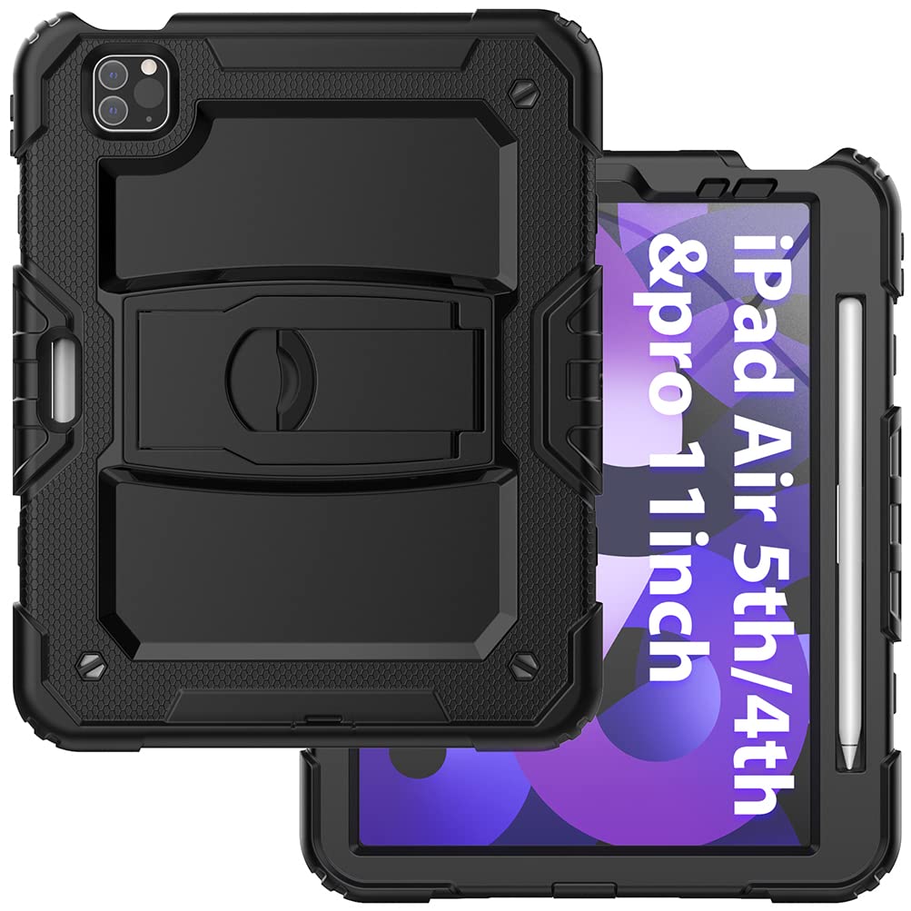 Case for iPad Pro 11 and 10.9 Inch Tablets, Silicone Case for Children with Invisible Stand and Pen Slot, Robust and Drop-Proof, Black