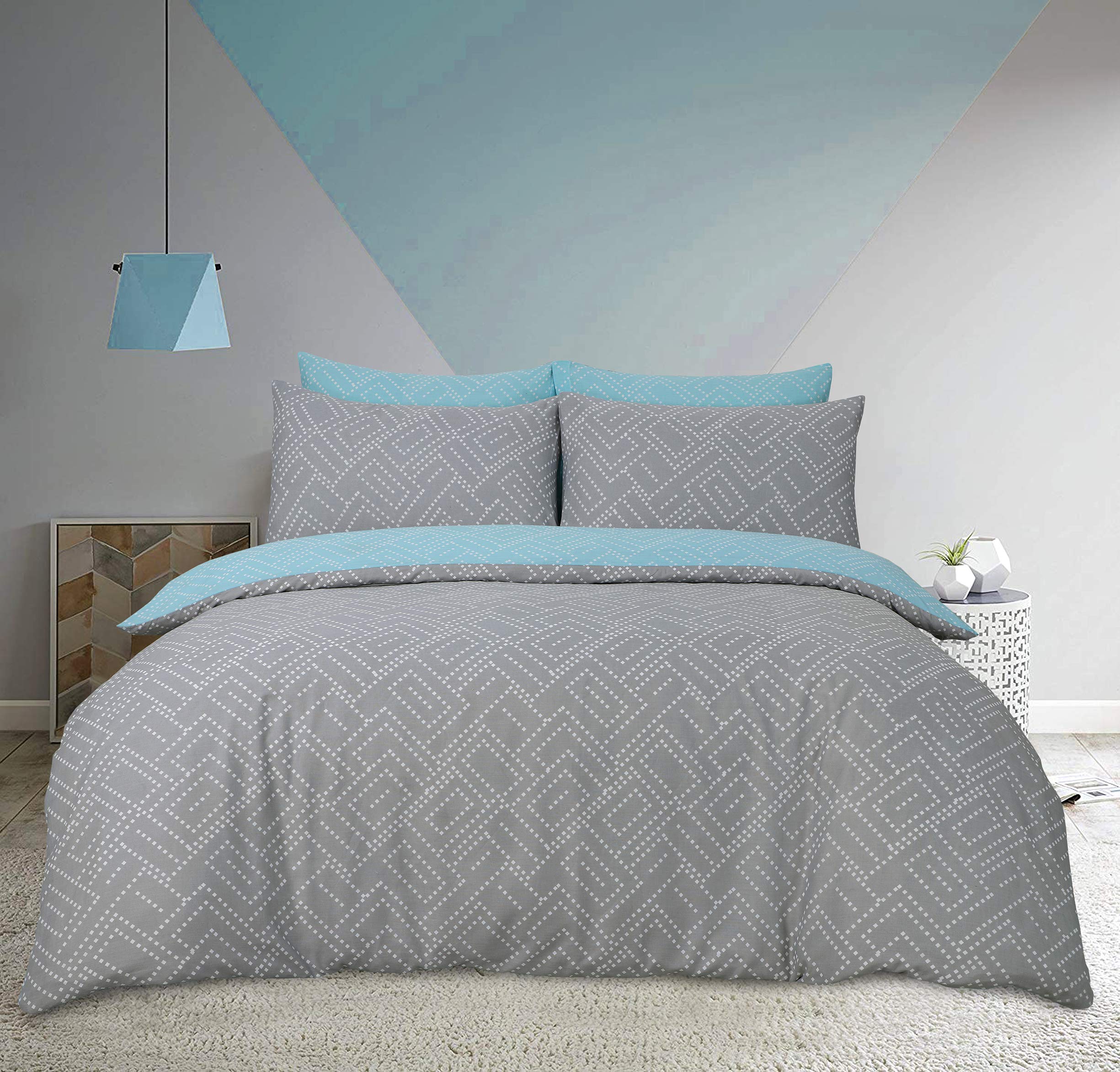 Sleepdown Square Dot Geo Grey Reversible Soft Duvet Cover Quilt And Bedding Set With Pillowcases - Super King (220cm x 260cm)