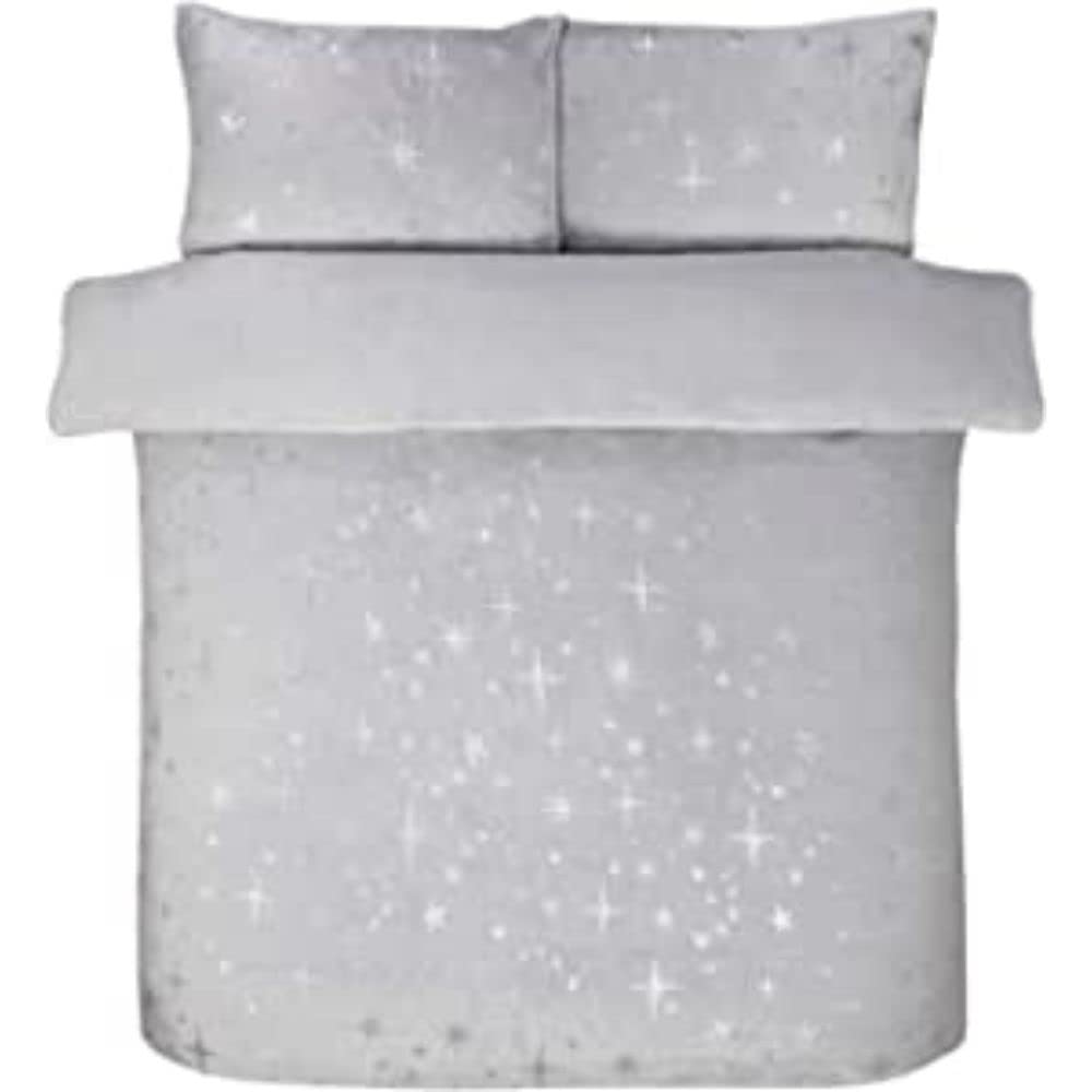 Sleepdown Scattered Stars Luxury Foil Fleece Silver Plain Reverse Warm Soft Cosy Duvet Cover Quilt Bedding Set with Pillowcases-King (230cm x 220cm)