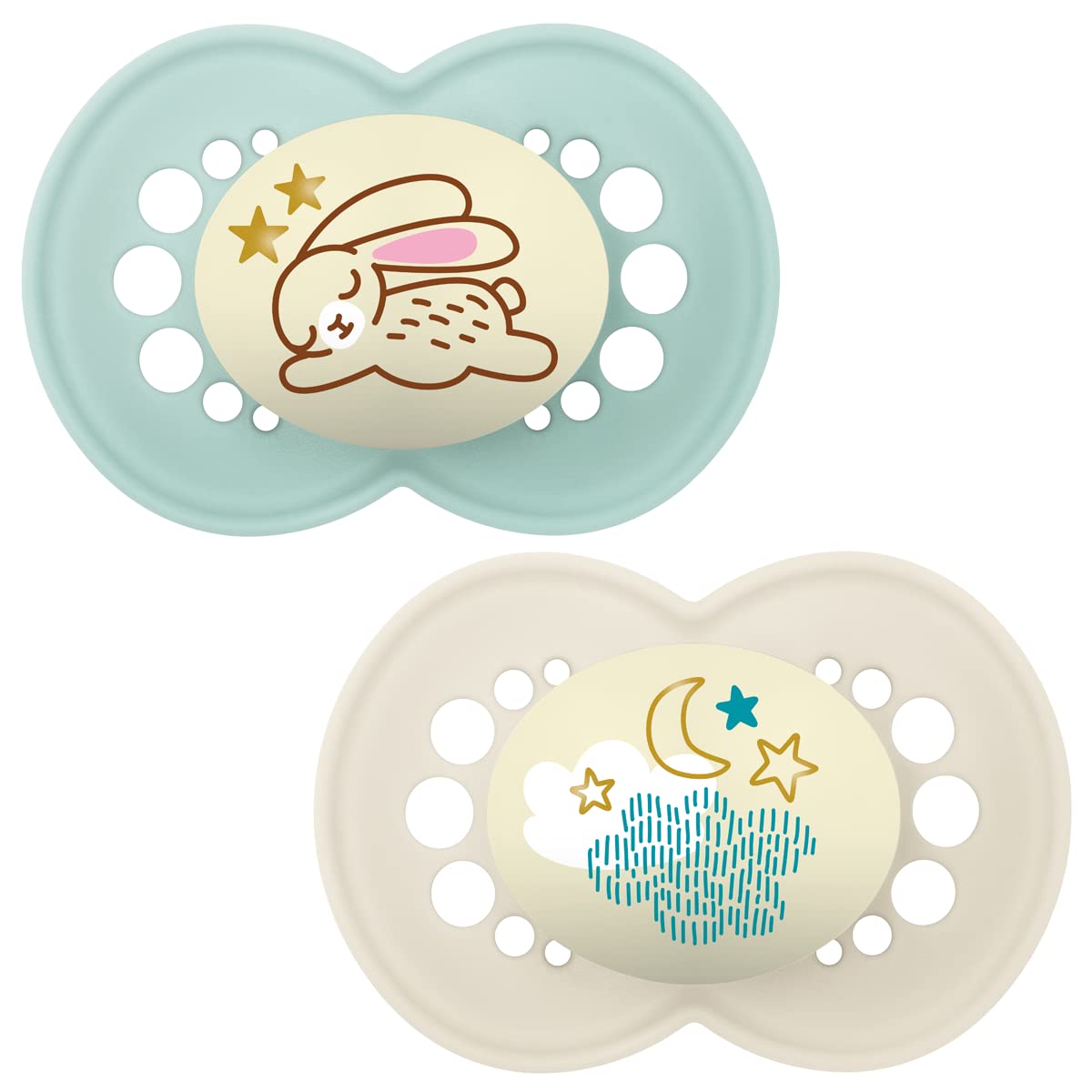 MAM Night Soothers 16+ Months (Pack of 2), Baby Soothers with Self Sterilising Travel Case, Newborn Essentials, Light/Grey (Designs May Vary)