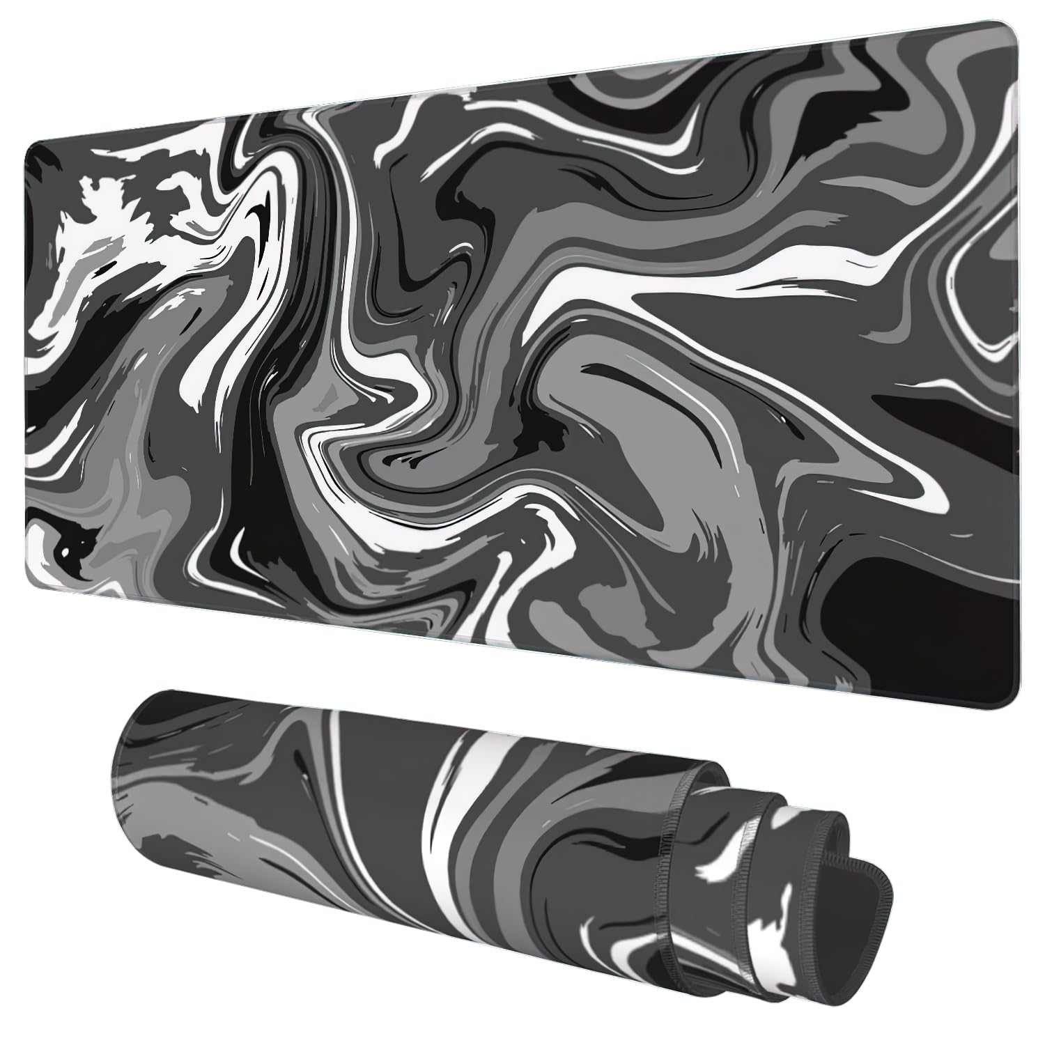 Desk Mat, Abstract Black White Ink Liquid Waves Extended Gaming Mouse Pad Large, 35.4"x15.7" Big Mouse Pad with Non-Slip Base and Stitched Edge, Long Computer Keyboard Mouse Mat for Home Office Work