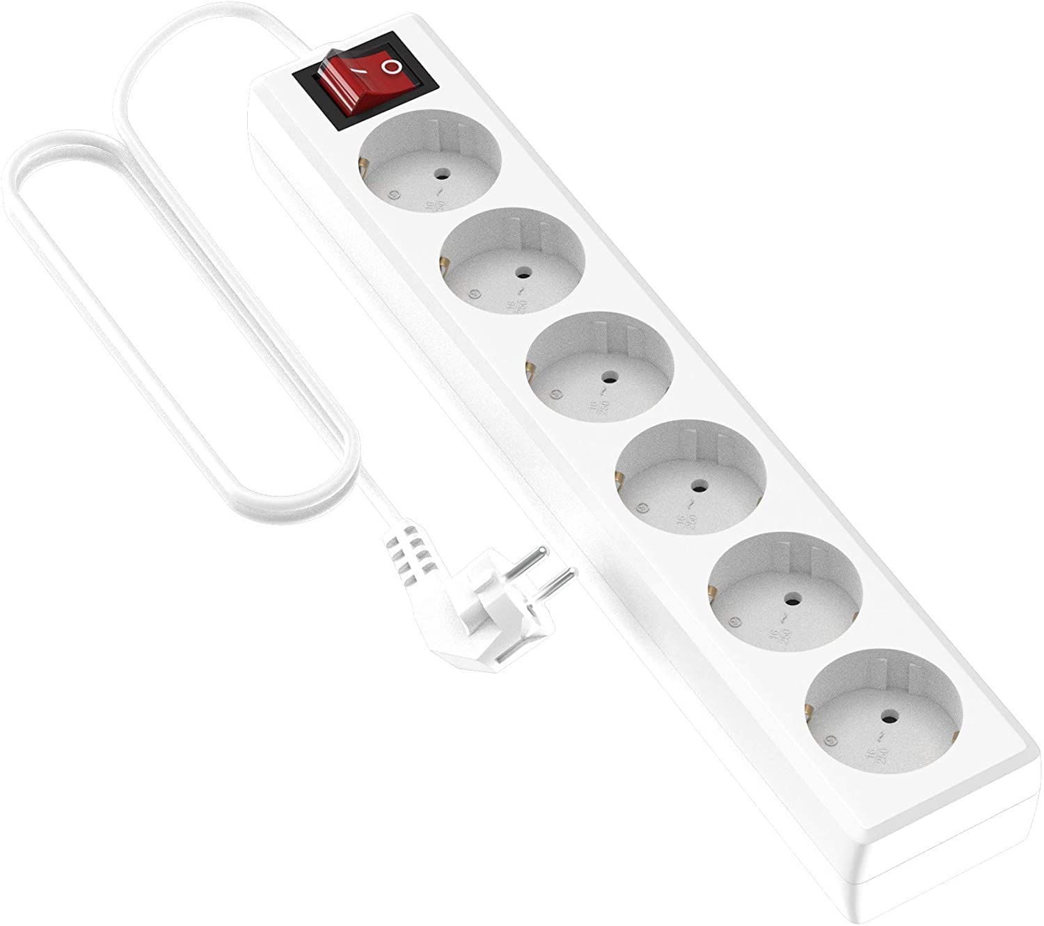 Garza 420005 Power Outlet Strip, 6 sockets, 2P + T SCHUKO SOCKETS WITH SWITCH, CABLE 1.5 MM X 1.4 M, White