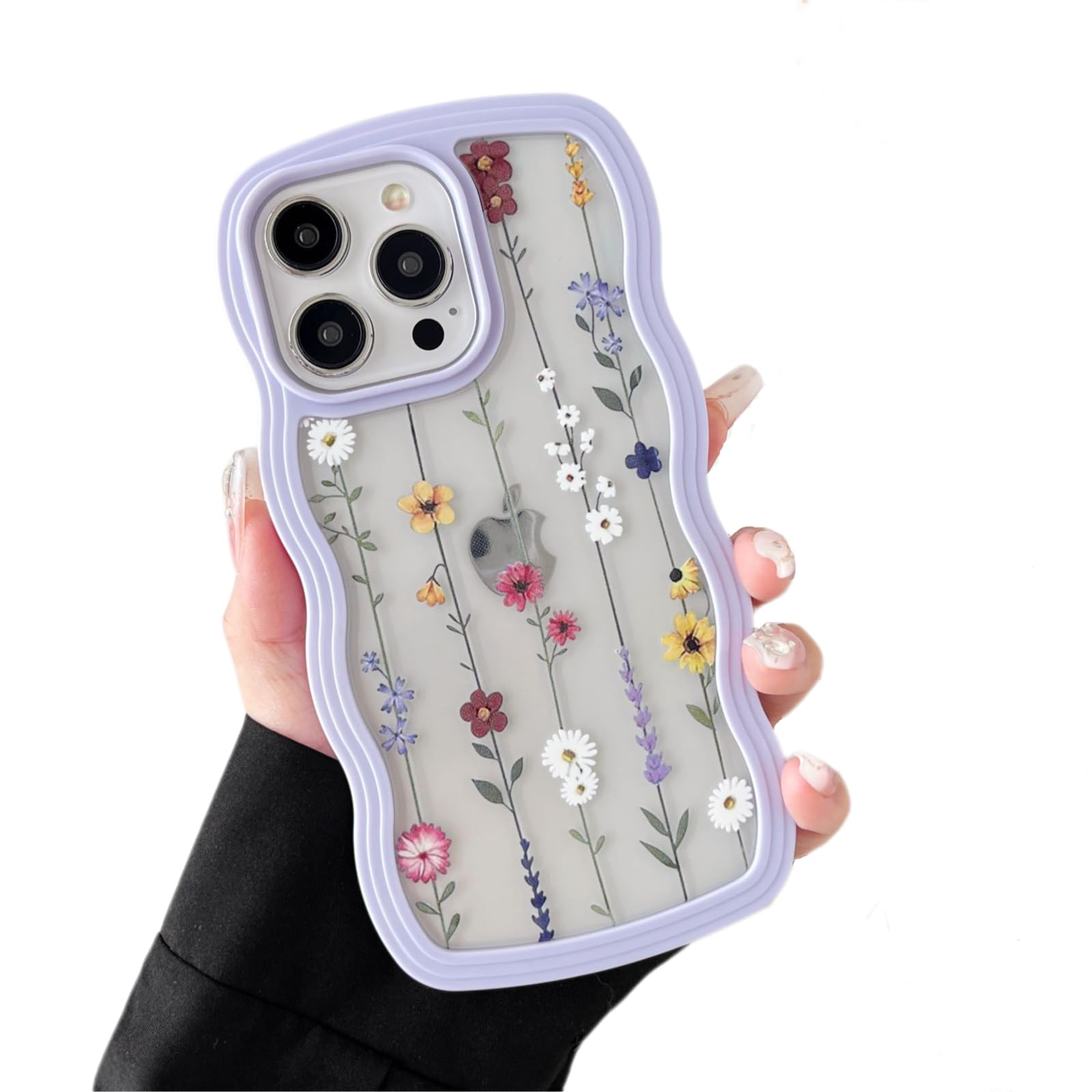 ZTOFERA Floral Case for iPhone 12 Pro Max 6.7 inch,Cute Curly Wave Frame Shape Case with Branch Flower Pattern for Women Girls, Clear Soft Slim Shockproof Phone Case for iPhone 12 Pro Max, Purple