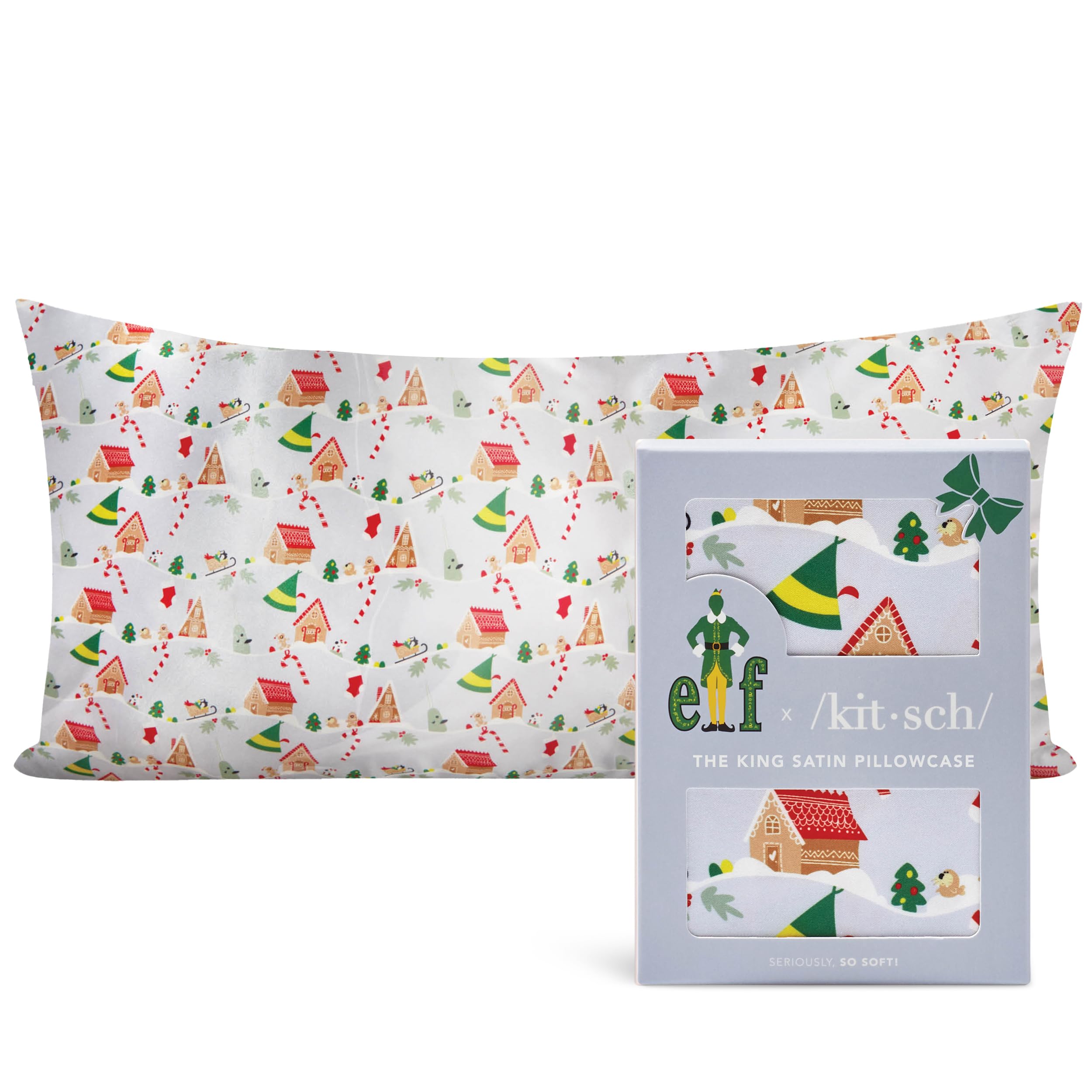 Elf x Kitsch Satin Pillowcase - Softer Than Silk Pillowcase for Hair & Skin | Cooling Satin Pillowcases with Zipper | Satin Pillow Case Cover | Pillow Cases King Size (Periwinkle Christmas)