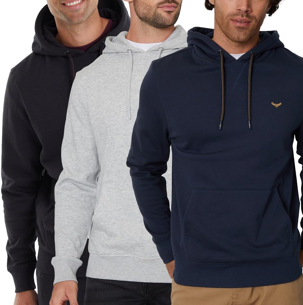 Threadbare 'Calamansi' Men's Hooded Sweater Pullover Fleece Sweat (Pack of 3), Black, Grey, Navy, XL
