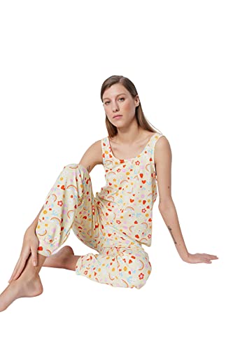 Trendyol Women's Graphic Knit T-Shirt-Short Pajama Set, Yellow-Multicolor, XS