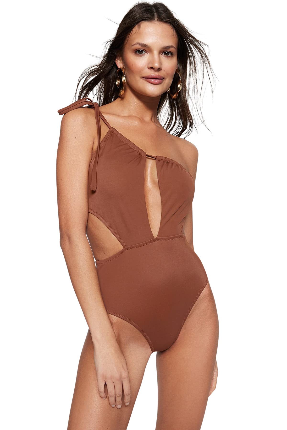 Trendyol Women's Woman Plain Knit Swimsuit Swimwear, Brown, 3 UK