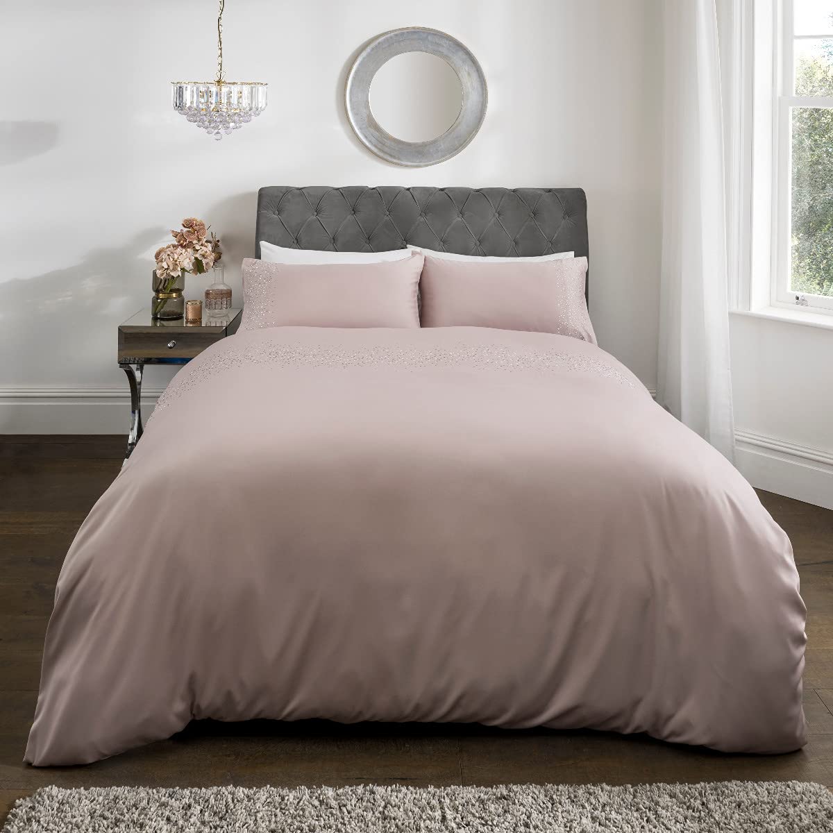 Sleepdown Gem Embellished Sateen Blush Pink Soft Comfortable Duvet Cover with Pillowcase Single Size (135cm x 200cm)