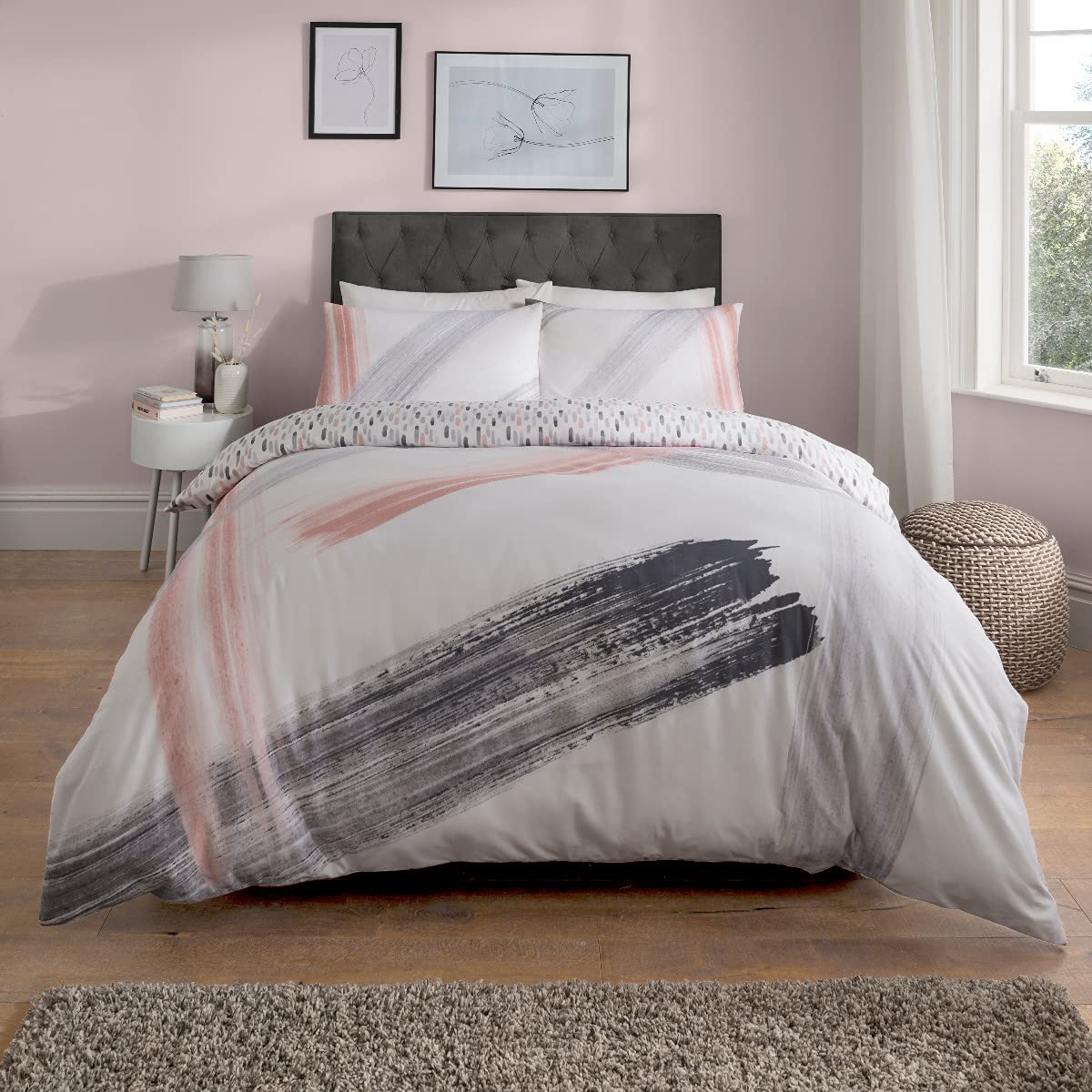 Sleepdown Abstract Brush Strokes White Blush Pink Charcoal Grey Reversible Duvet Cover Quilt and Pillow Cases Bedding Set Soft Easy Care-King (230cm x 220cm), Polycotton