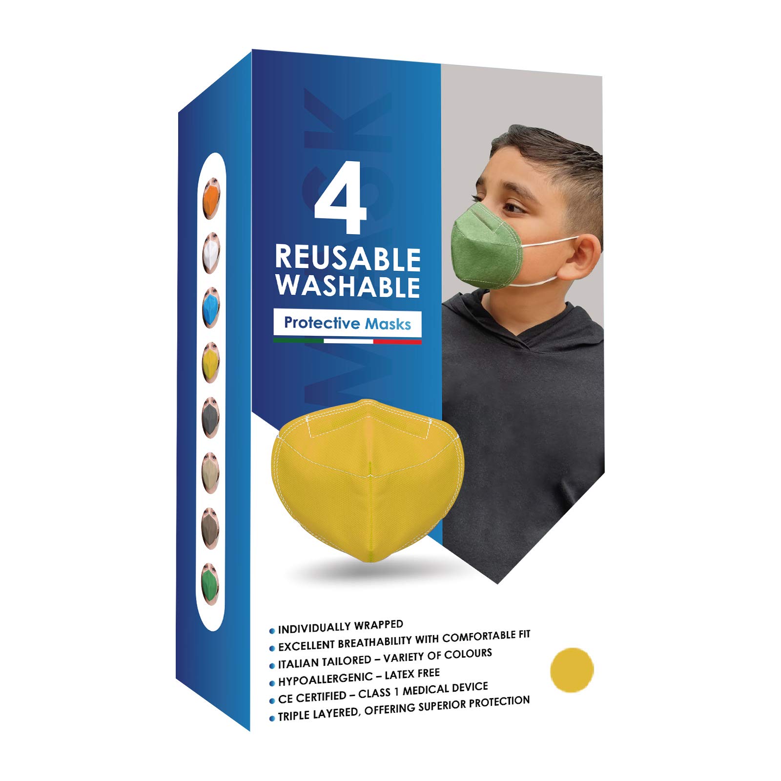 Klass Cosmetics Children Reusable Washable Comfortable Protective Cloth Face Masks Comes with Squeezable Metal Nose Strip for Breathing and Earloop for Glasses Wearer, 4 Count, Multi-Colour Pack, orange/green/blue/yellow