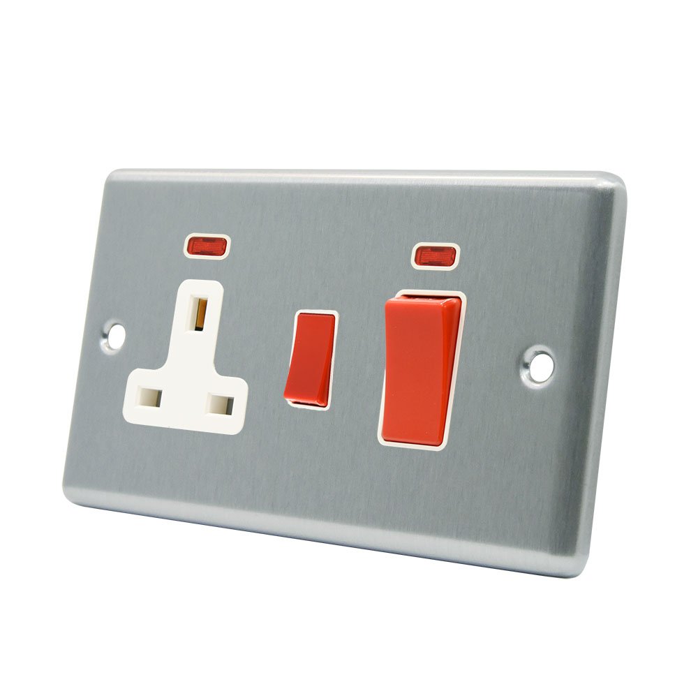 AET CSCCC2NWH 45 A 2-Gang Satin Finish Chrome Classical White Insert Cooker Control Unit Switch with 13 A Switched Plug Socket and Neon Indicators