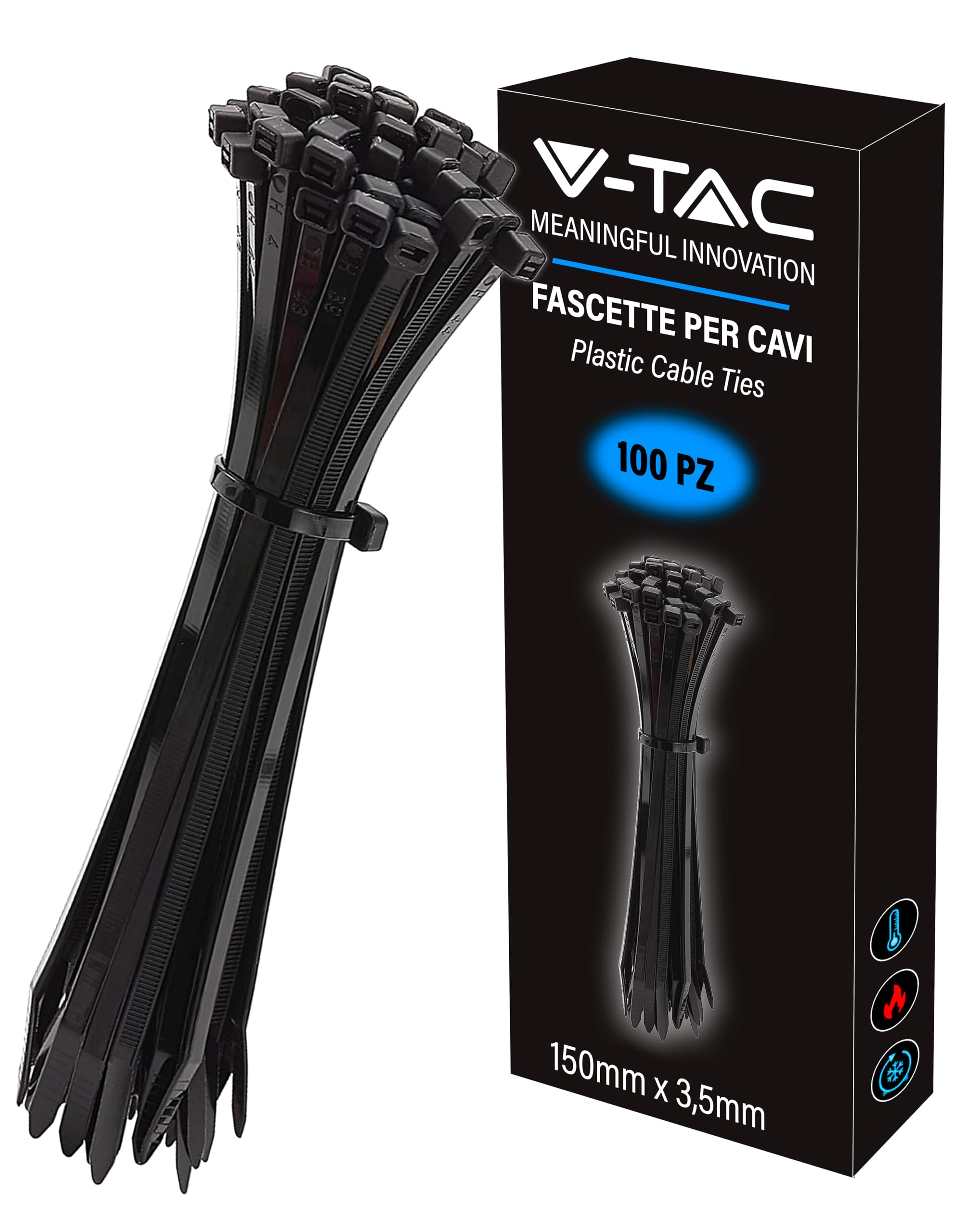 V-TAC Plastic Cable Ties Size 2.5 mm x 150 mm – Pack of 100 – Multi-Purpose Cable Ties – Cable Ties for Electrician, Mechanic, Gardening – Black