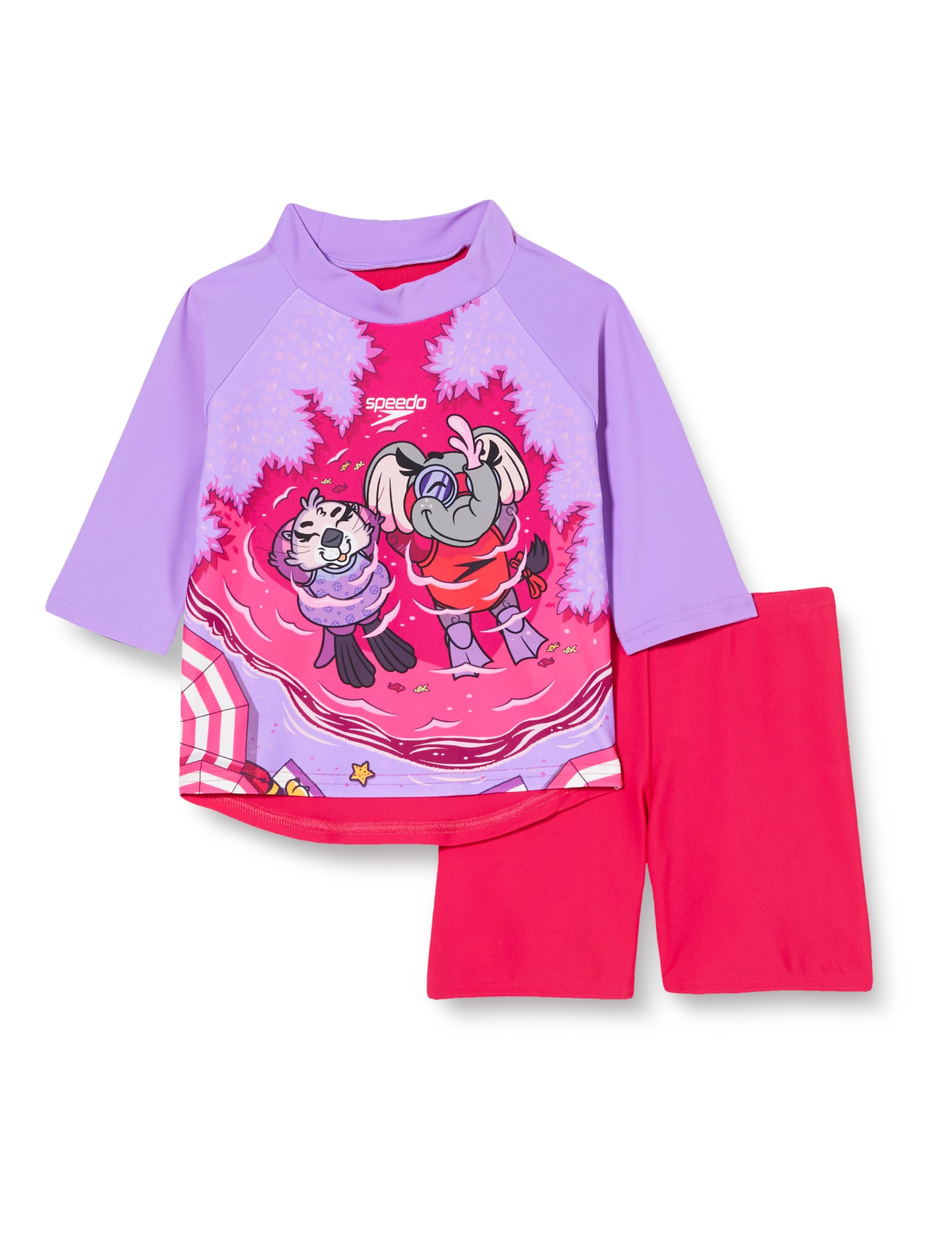 Speedo Girls Learn to Swim Sun Protection Top & Shorts | Junior Girls | Holiday Wear | UV Protection, Cherry Pink/Sweet Taro, 6-9M