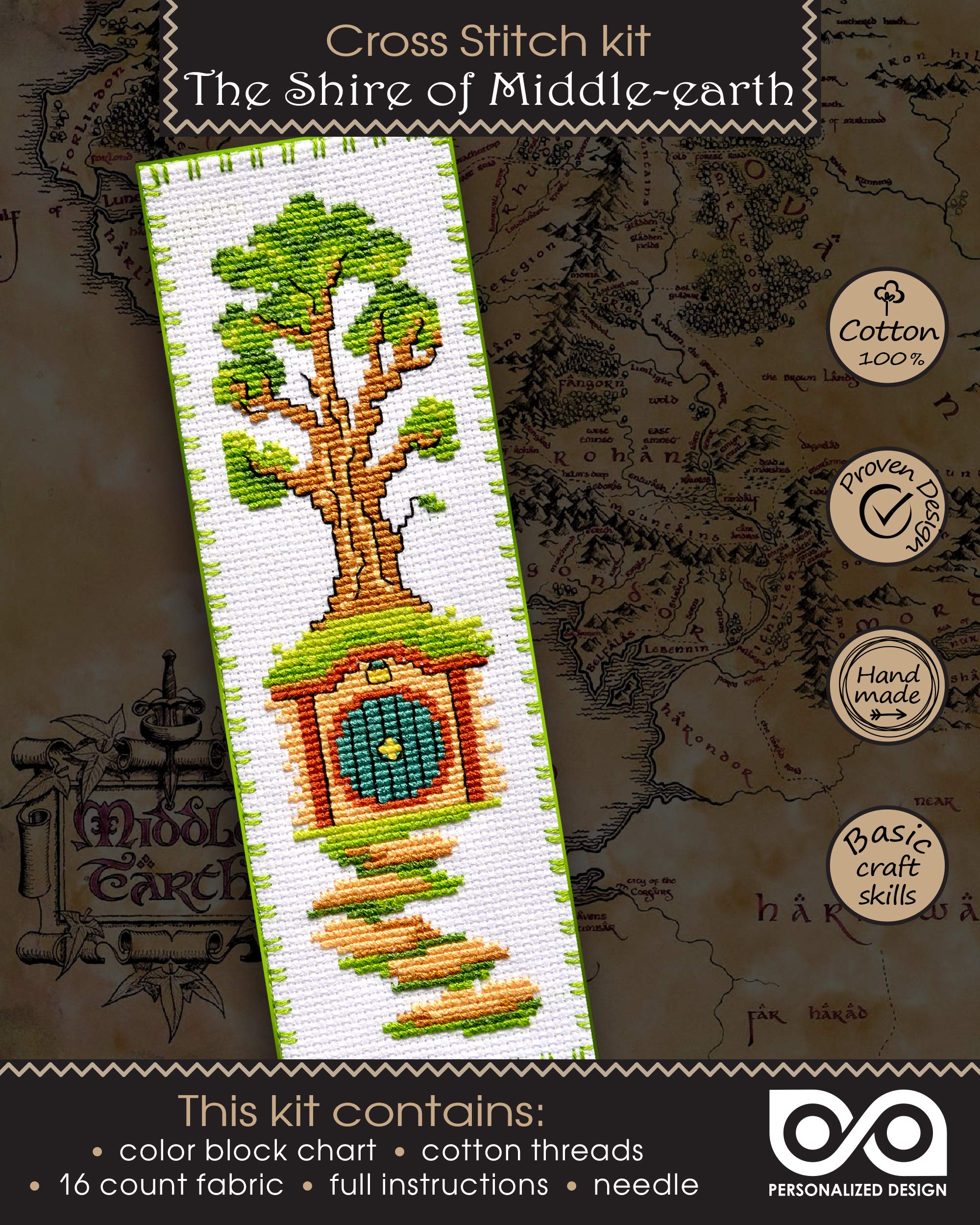 Personalized.Design Cross Stitch Kit 'LOTR: The Shire of Middle-Earth' - DIY Embroidery Bookmark with Pattern