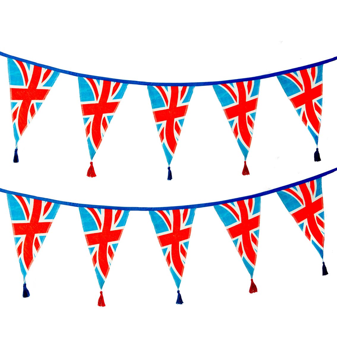Union Jack Fabric Bunting - Red White and Blue King Charles Coronation Street Party Decorations | 100% Cotton Flags, Patriotic, England, World Cup, 3m length