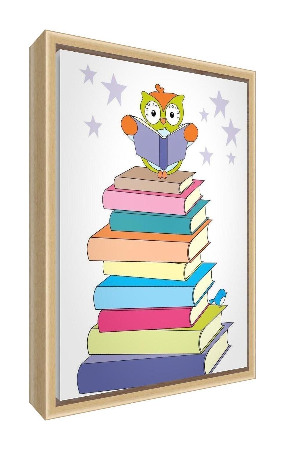 Feel Good Art Eco-Printed & Framed Nursery Canvas with Solid Natural Wooden Frame ≪Wally The Owl on a Stack of Books≫ Multicoloured, 44 x 34 x 3cm (Medium)