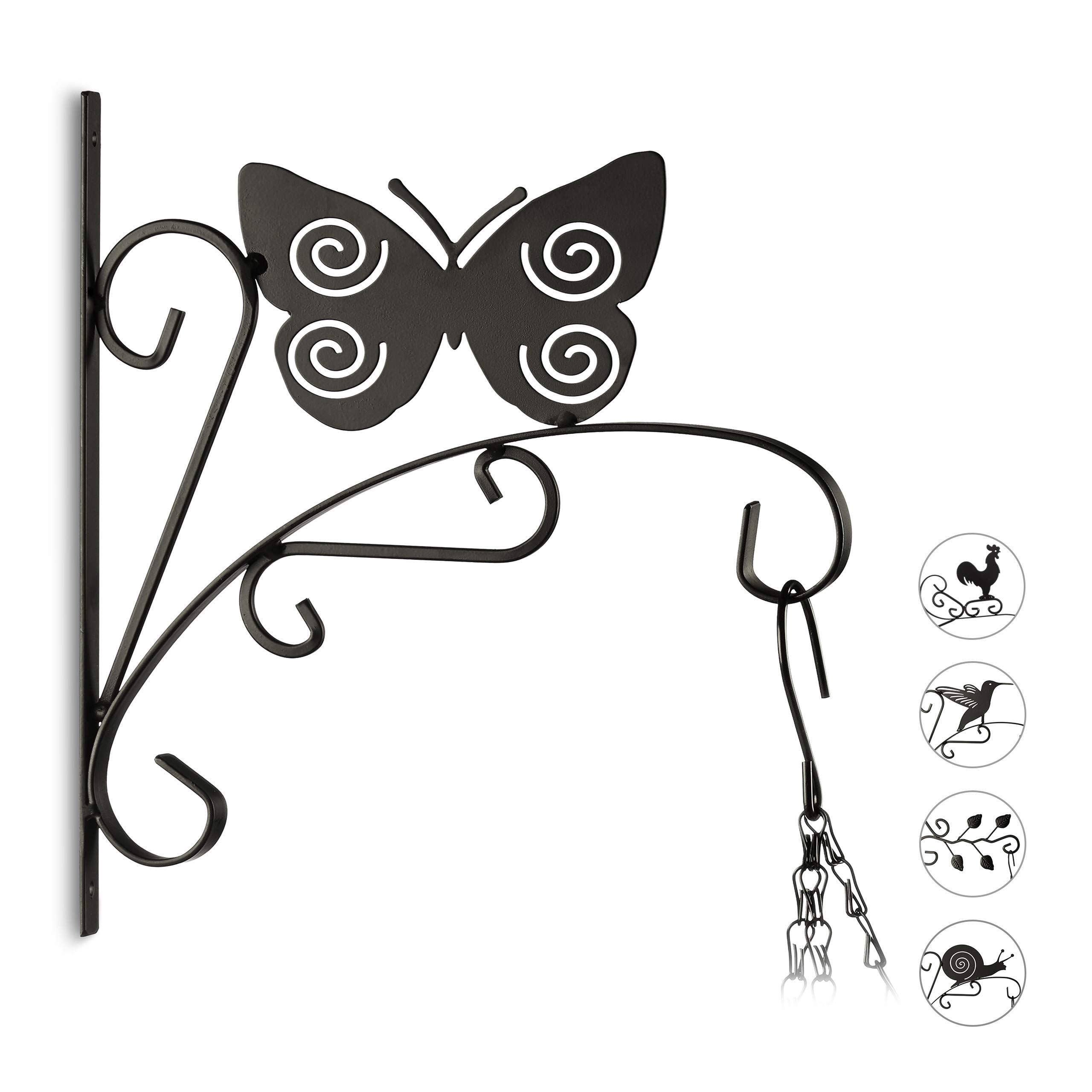 Relaxdays Plant Hook with Butterfly, Flower Pot Hanger for the Wall, Metal Garden Decor, HxWxD: 30 x 28 x 2 cm, Black