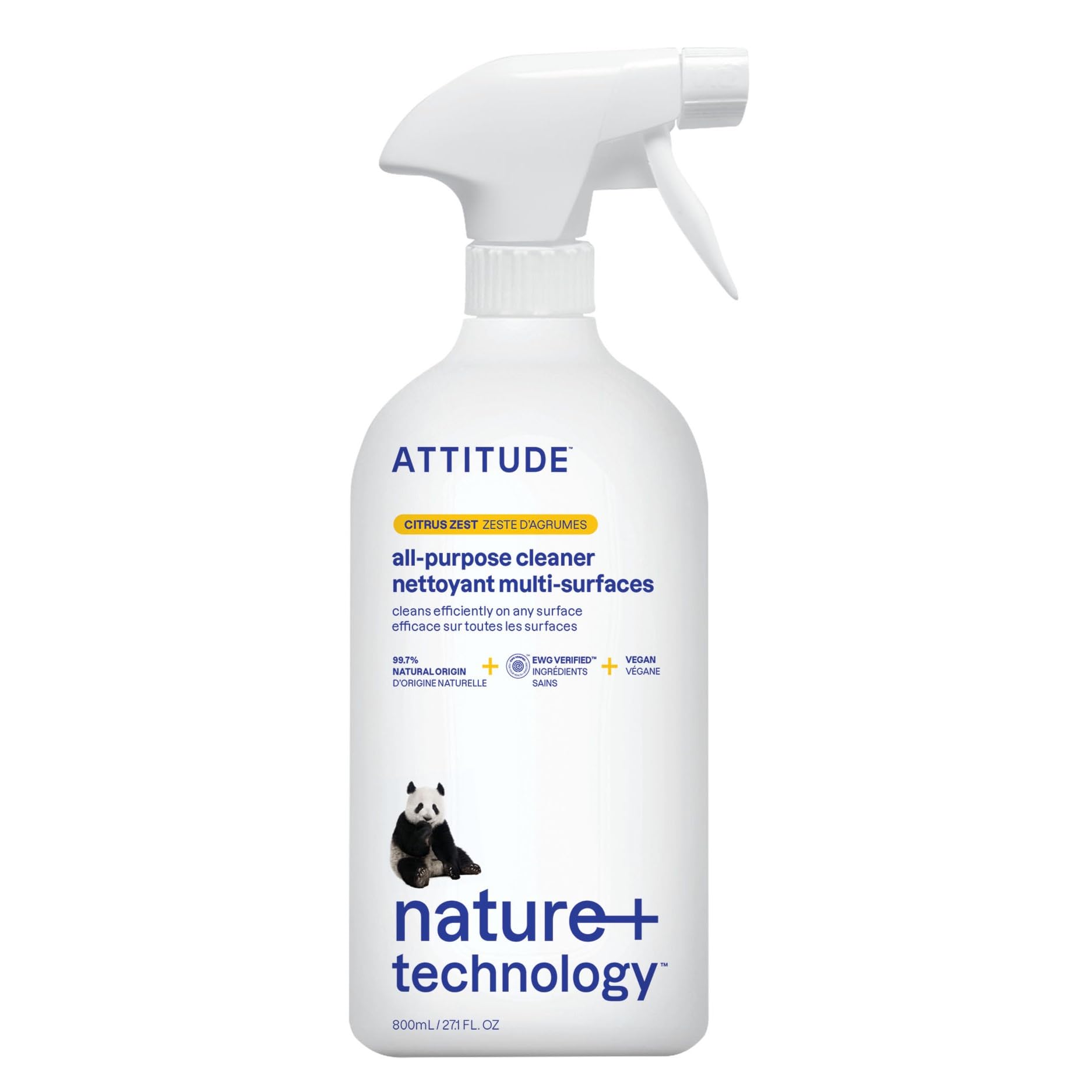 ATTITUDE All Purpose Cleaner Spray, EWG Verified, Vegan, Made with 94% Plant-Based Ingredients, Streak-Free for Kitchen, Bathroom, Glass & More, Citrus Zest Scent, 800 mL