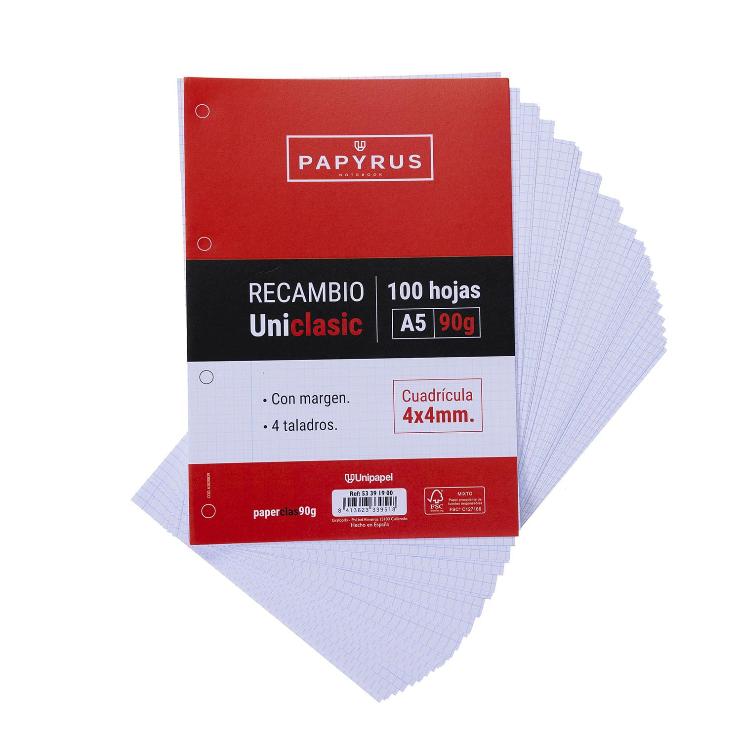 Unipaper Squares 4x4 mm, 90 g Sheets with Margin, 4 Drills, Paper, Multicolor, A5