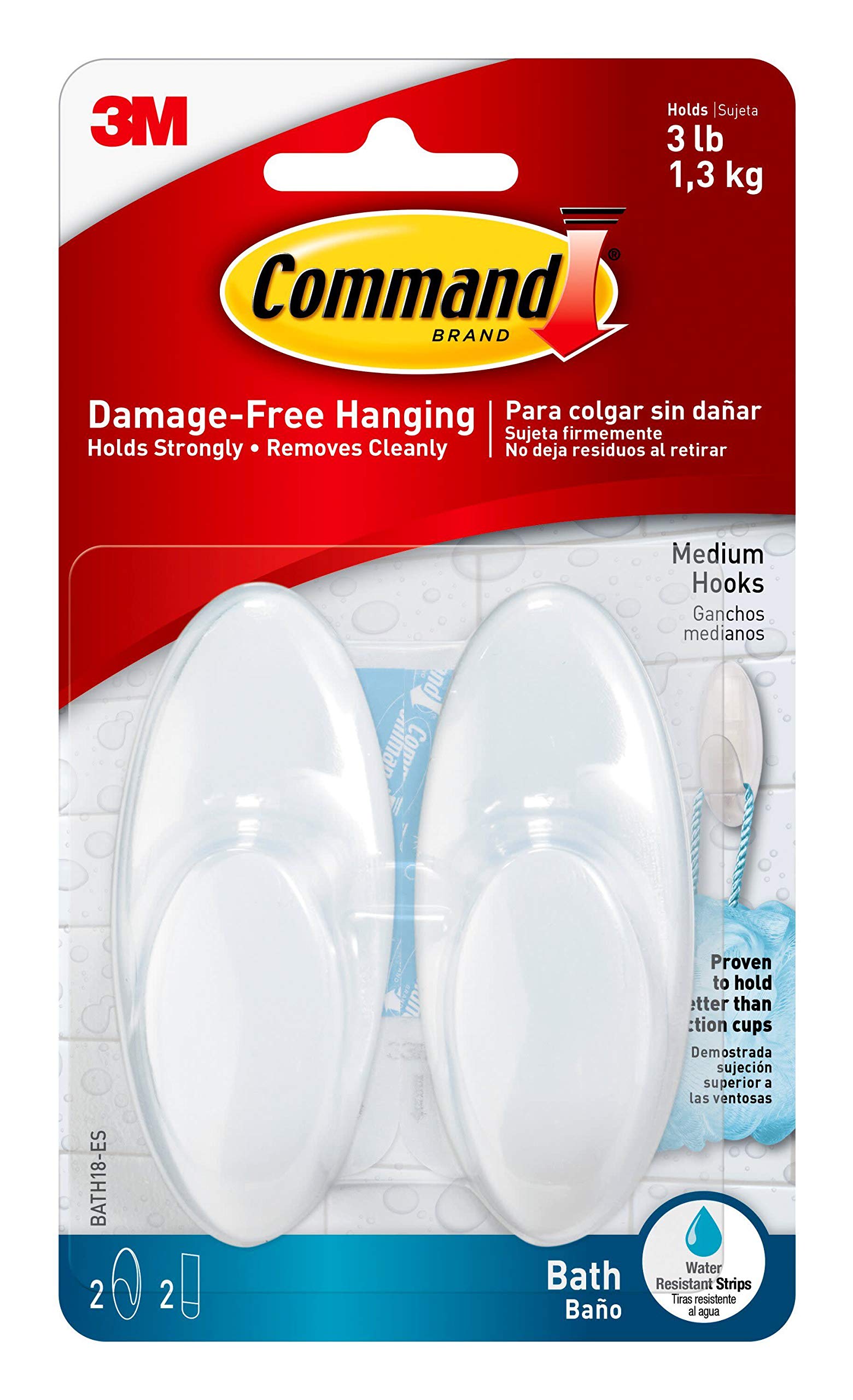 Command Medium Bath Hooks with Water Resistant Strips - 2 Medium Hooks and 2 Adhesive Strips - Hang Towels, Robes and other Bathroom Accessories - No Nails, No Holes, No Drilling