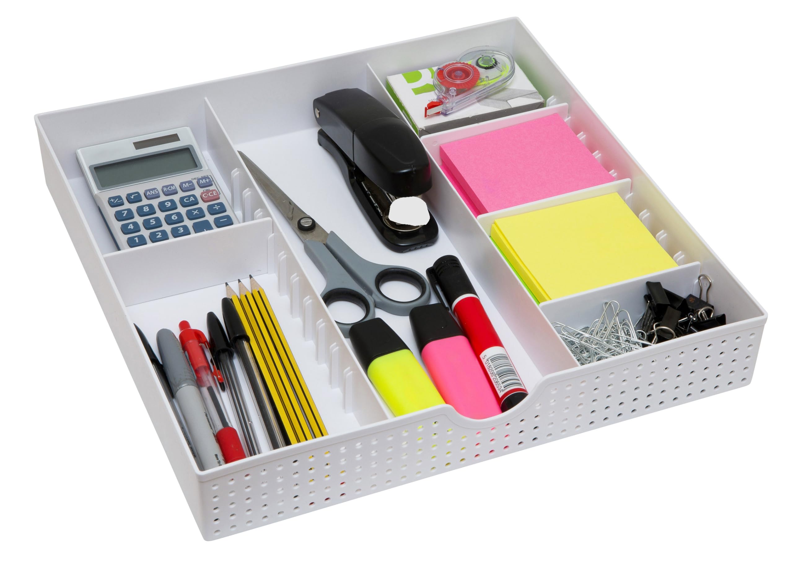 Amtido Drawer Organiser Tray for Office Stationary Supplies & Accessories - Desk Tidy Storage Box – 3 Compartments with 4 Adjustable Dividers – White