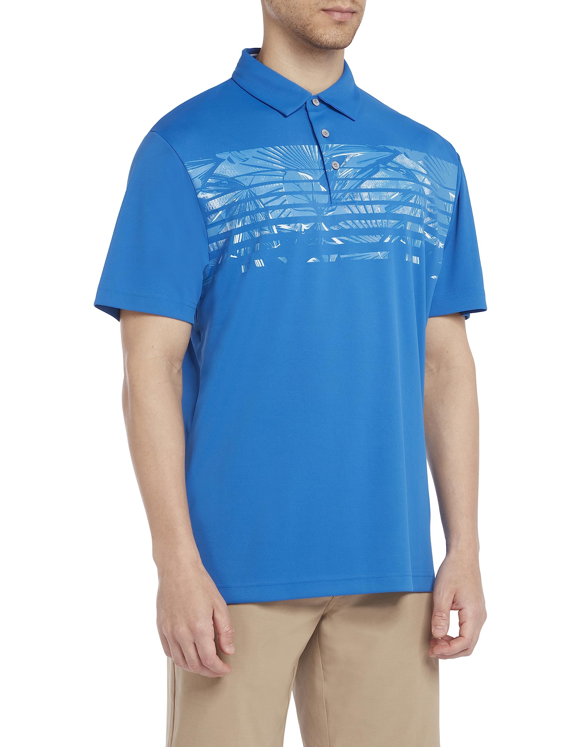PGA Tour Golf - Men's Golf Polo Shirt, Engineered Tropical Print, Short Sleeve, Regular Fit, Stretch Seams, Blue, Small