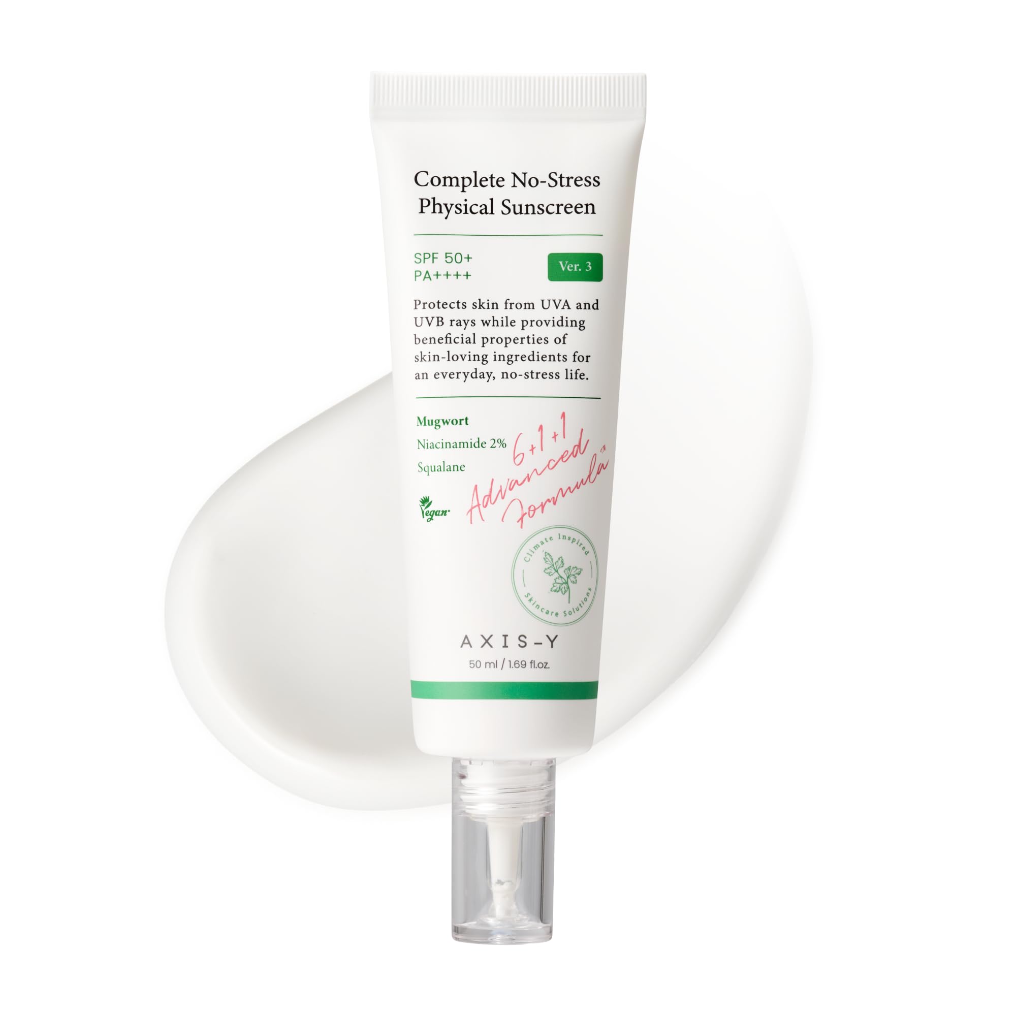 AXIS-Y Complete No Stress Physical Sunscreen V3 Spf 50 Mineral Sunscreen With 2% Niacinamide, Zinc Oxide Sunblock For Broad Spectrum Sun Care Vegan Korean Skin Care 1.69 Fl. Oz.